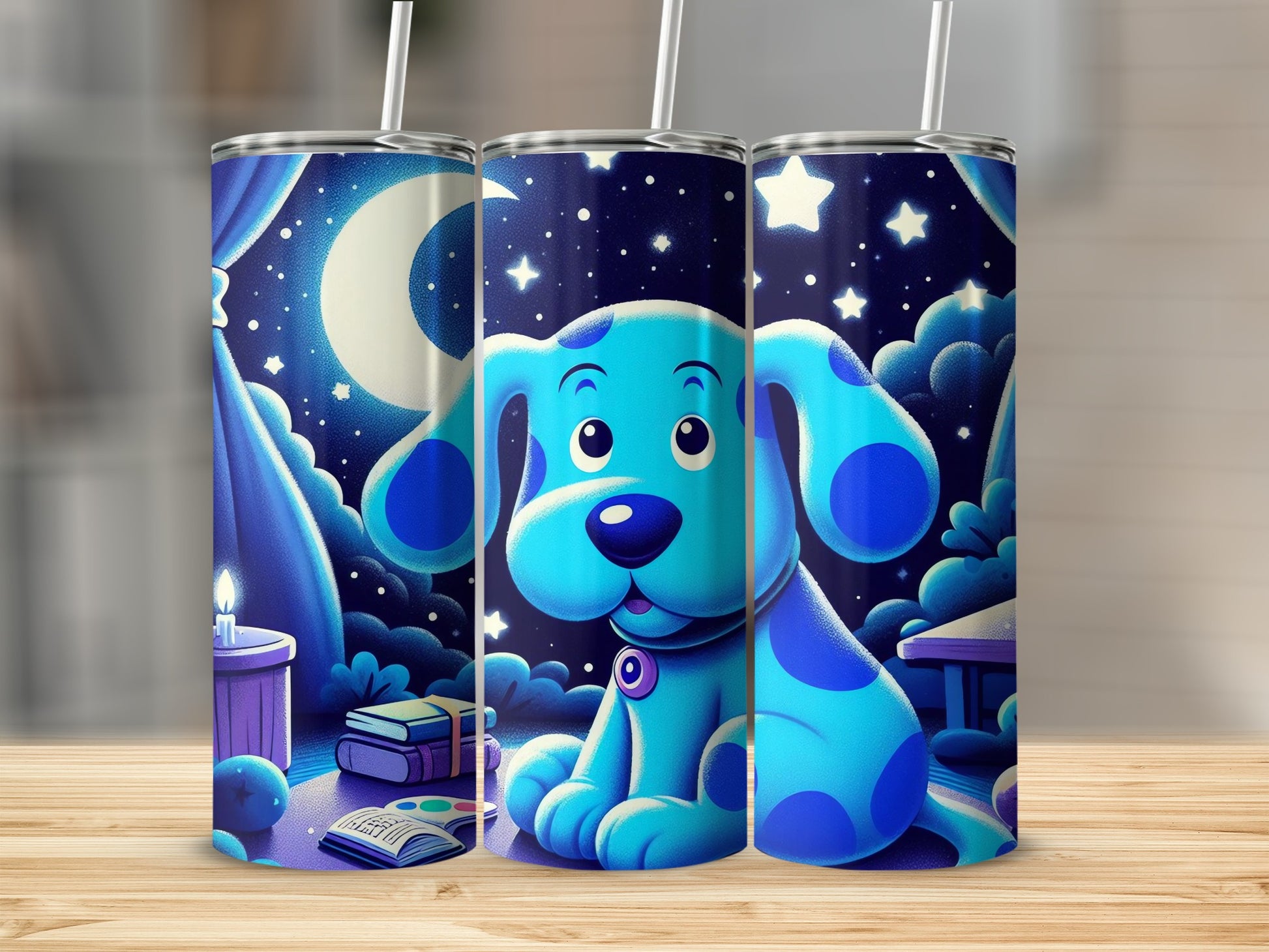 Cute Blue Cartoon Dog with Stars Stainless Steel Tumbler