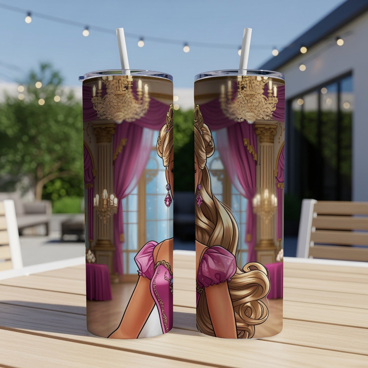 Two tumblers featuring a princess with blonde hair and pink dress in a ballroom.