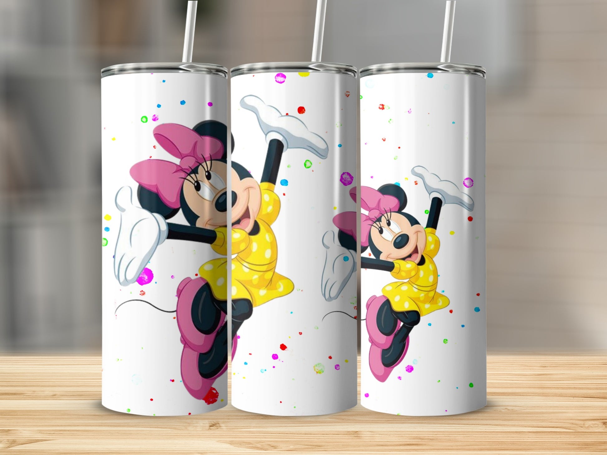 Cheerful Minnie Mouse Dancing Tumbler with Colorful Dots
