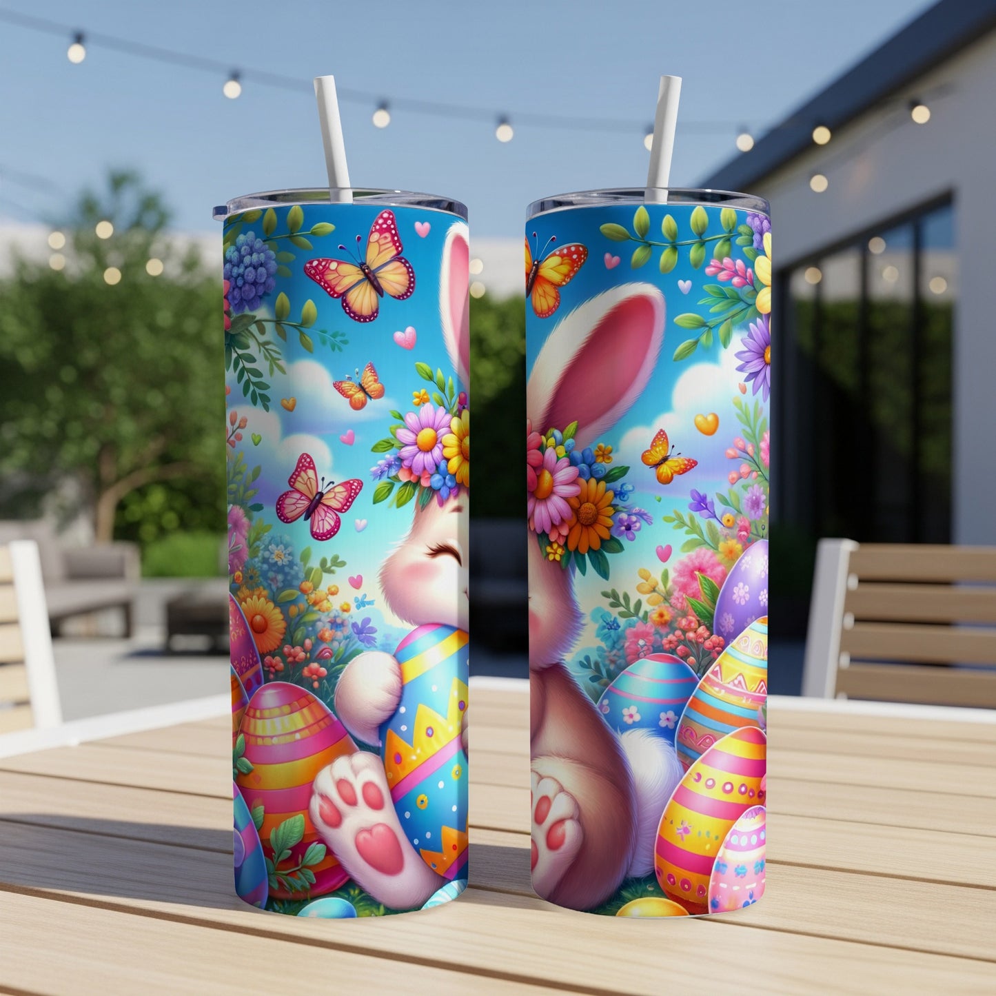 Easter bunny with decorated eggs and butterflies on a floral background.