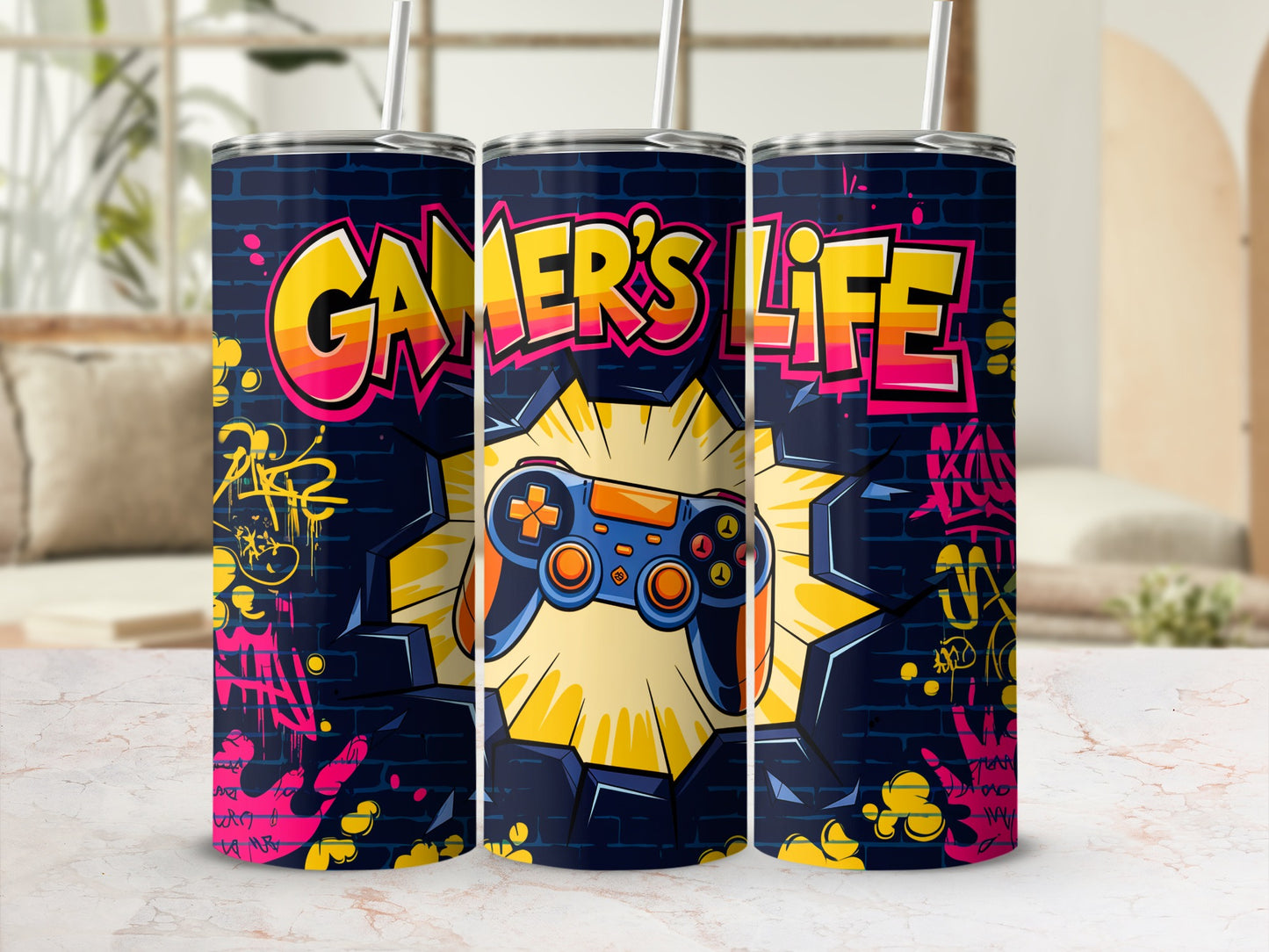 "Gamer's Life" text over a controller bursting from a comic-style explosion.
