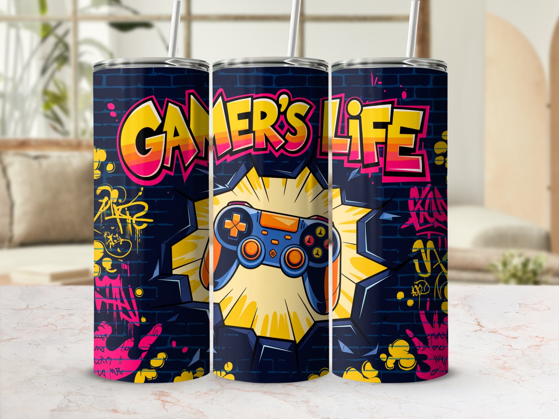 "Gamer's Life" text over a controller bursting from a comic-style explosion.