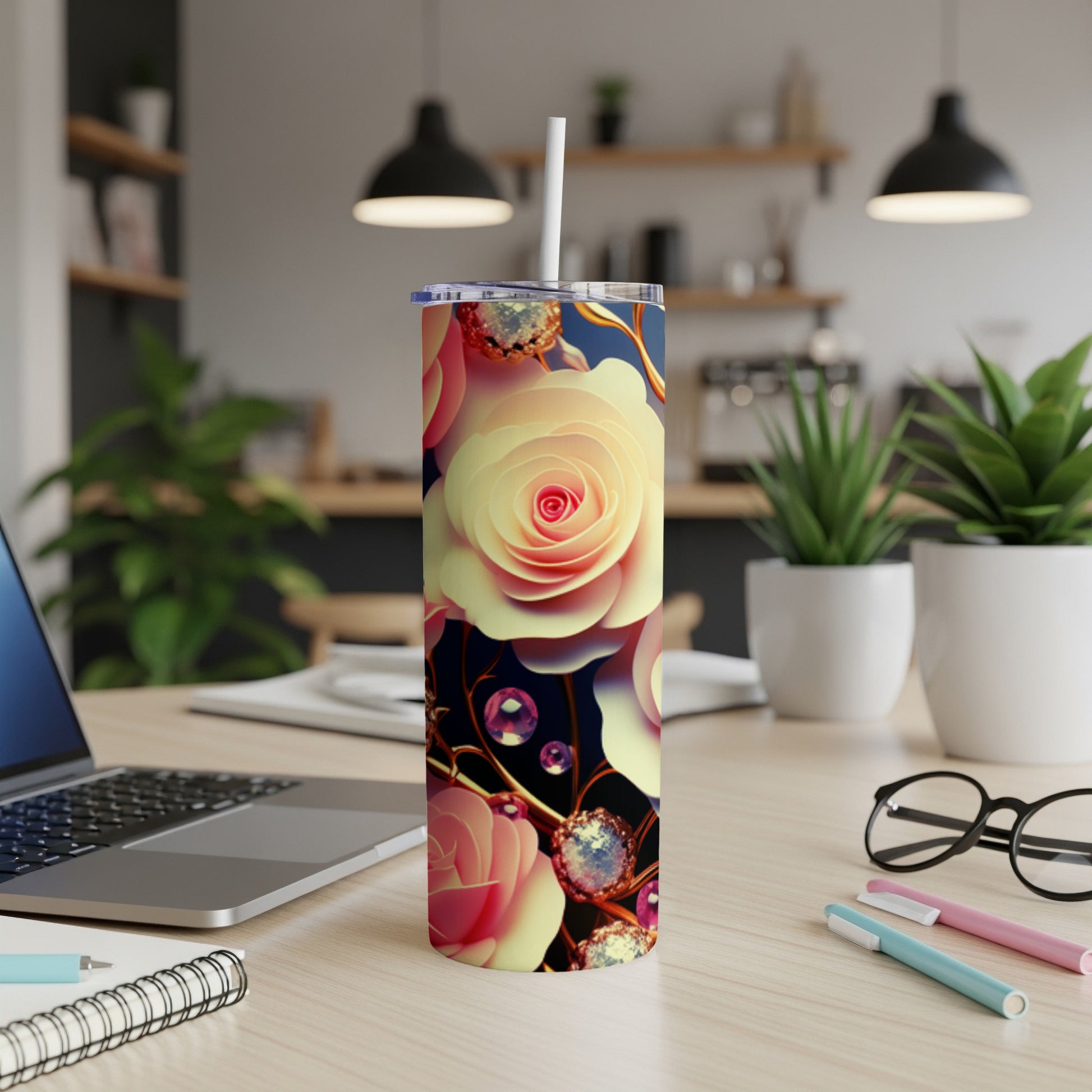 Floral tumbler with pink and yellow roses and gemstone accents.