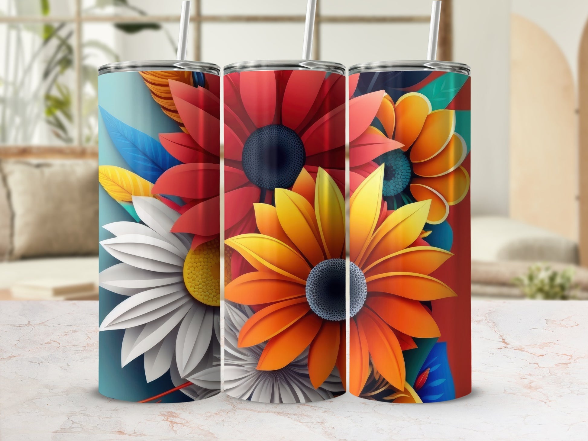 Colorful Floral Artwork Insulated Tumbler Cup