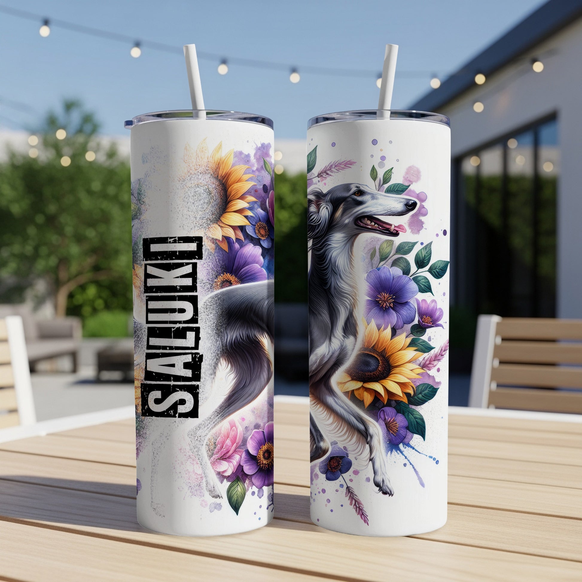 Saluki dog with floral accents on a white tumbler.