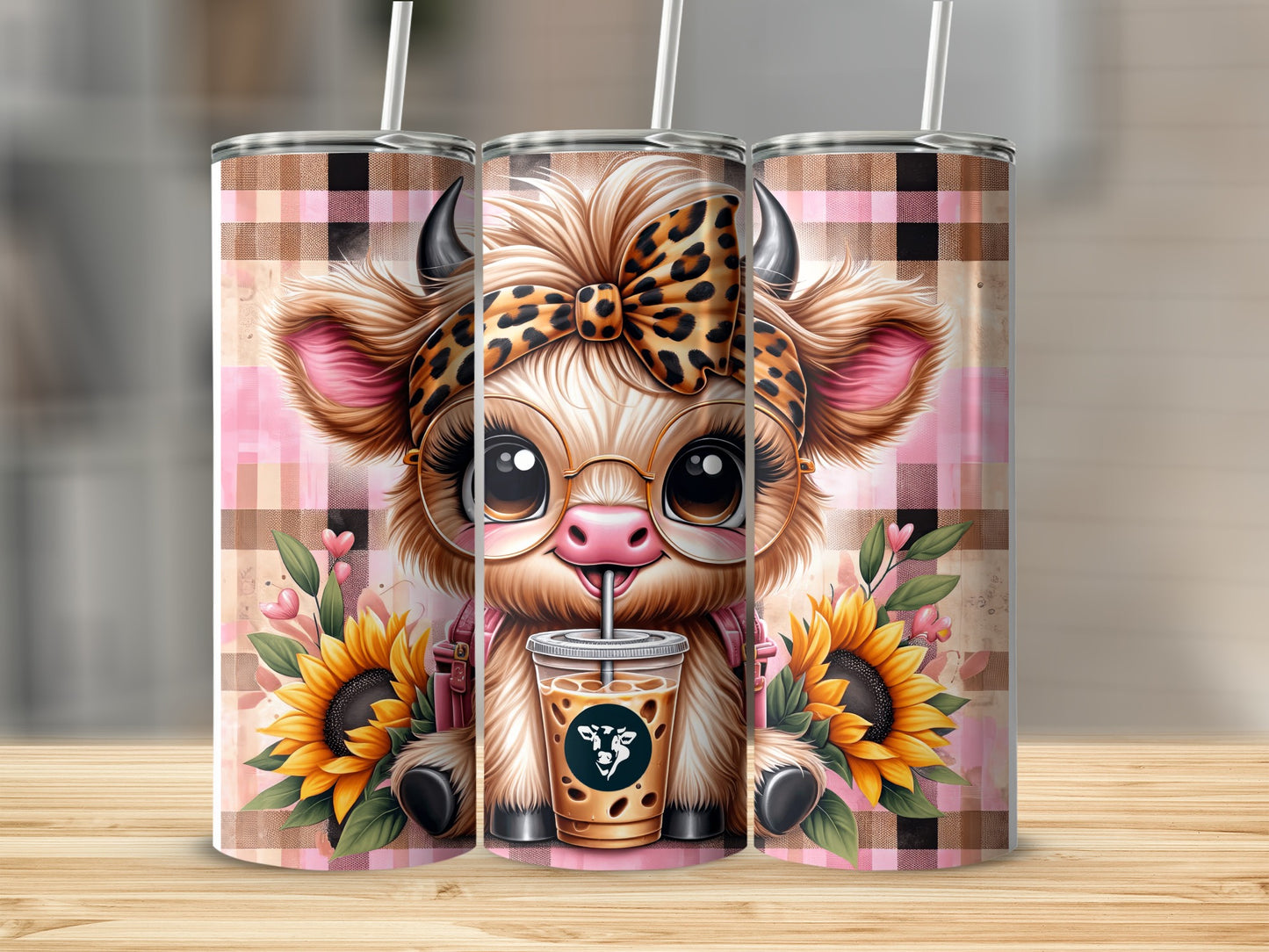 Cute cartoon cow with sunflowers and iced coffee wearing a bow.