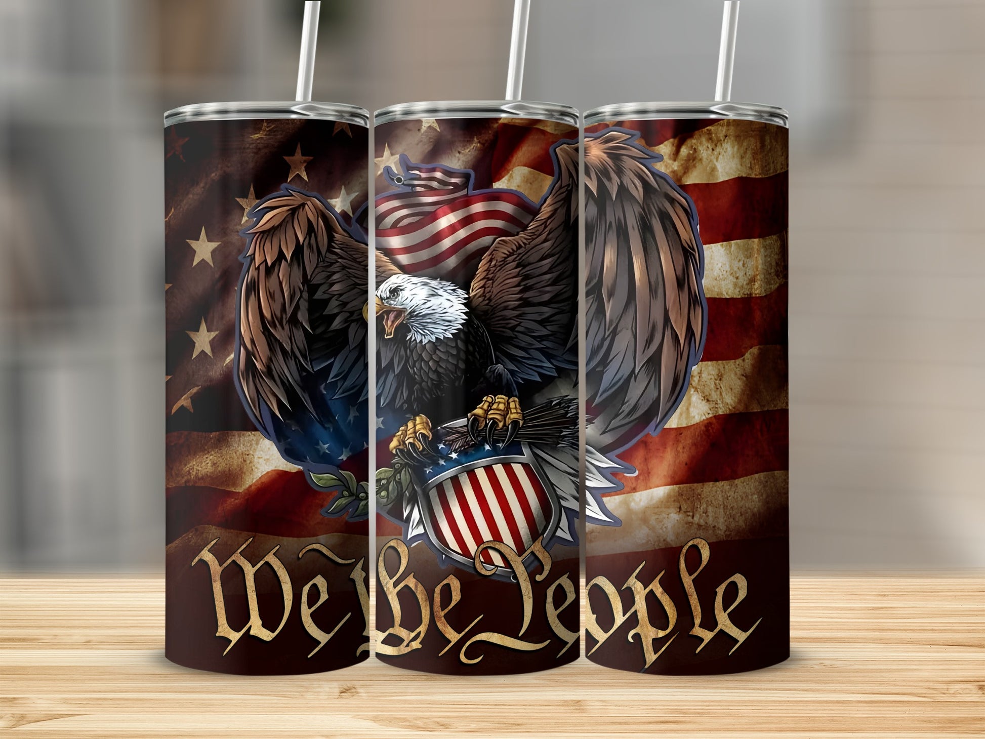 Eagle with shield and "We the People" text on patriotic background tumbler.