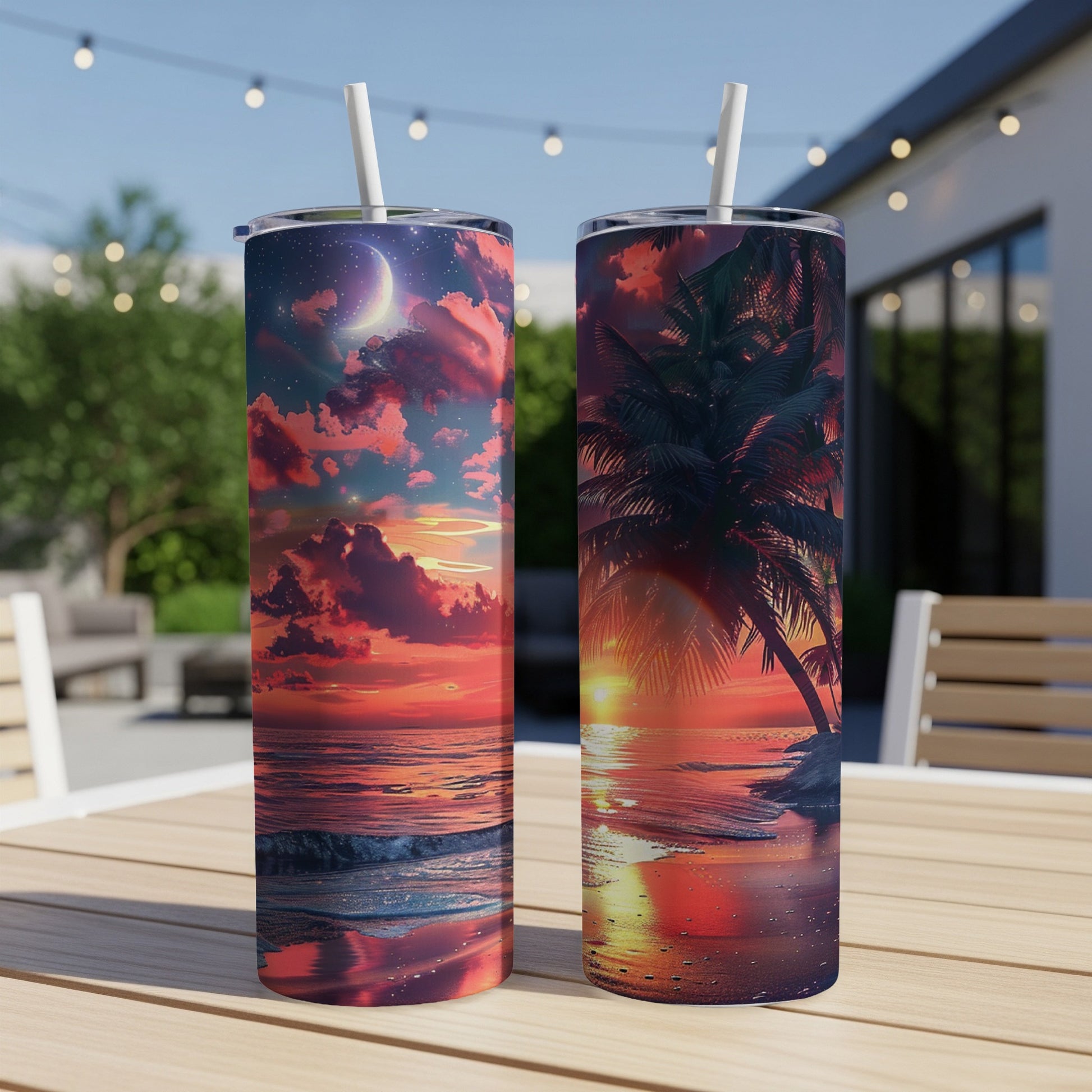 Two tumblers displaying vibrant sunset scenes with palm trees.