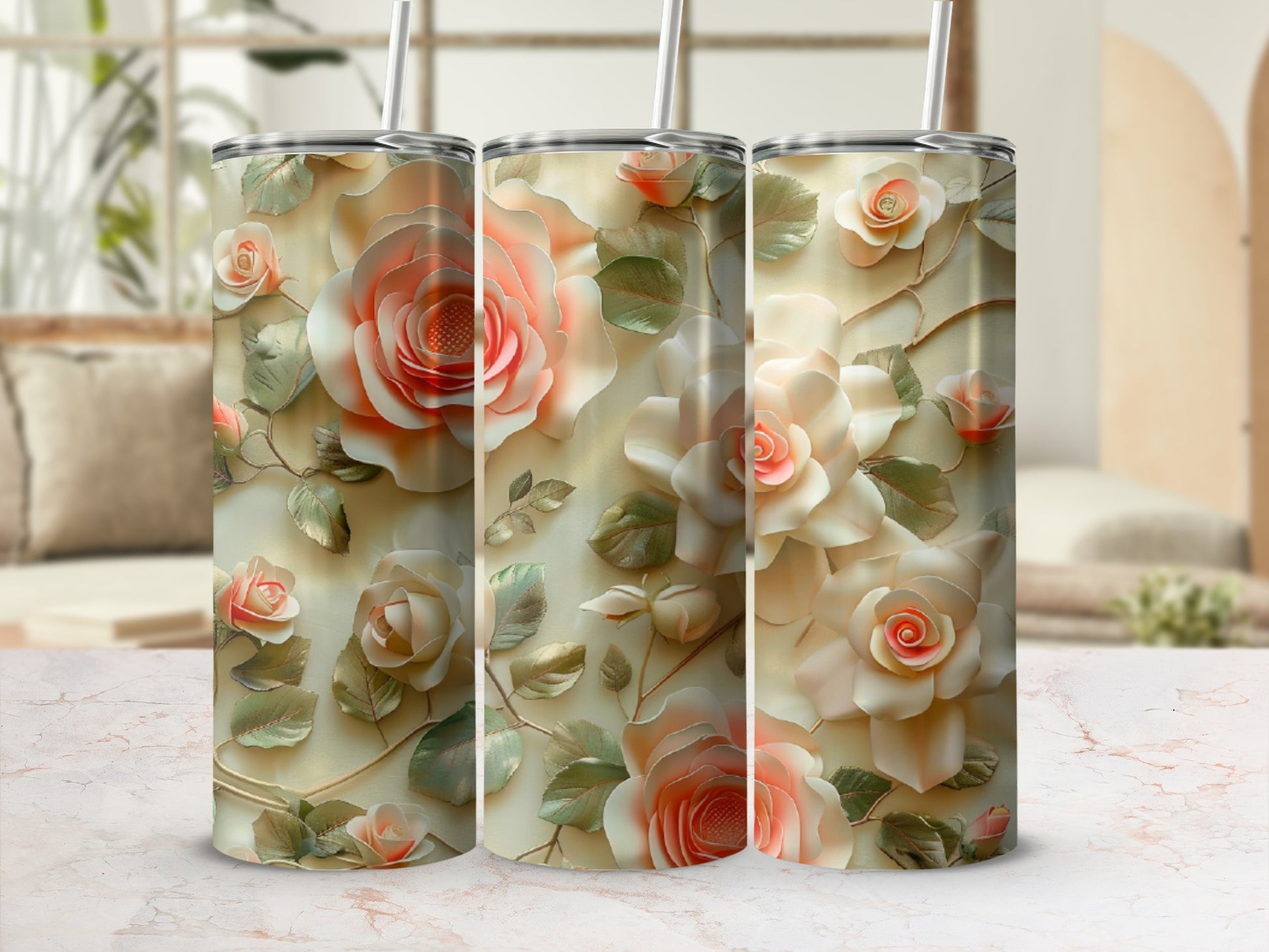 Three 3D floral tumblers with raised rose and leaf designs.