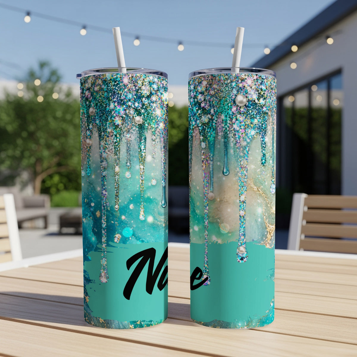 Two tumblers with teal, gold, and glitter drip design and the word "Nove".