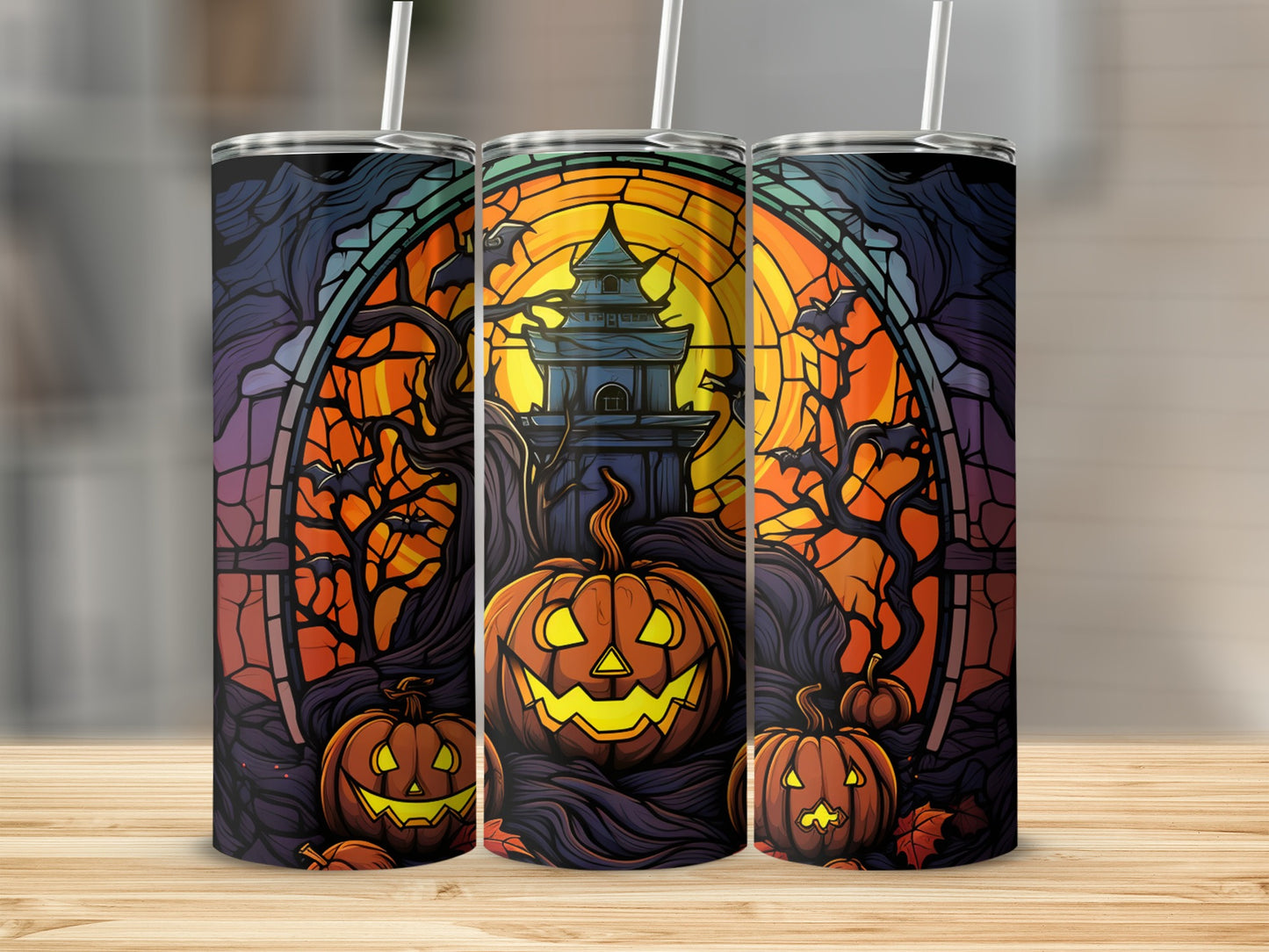 Halloween tumbler with jack-o'-lanterns and spooky stained glass design.