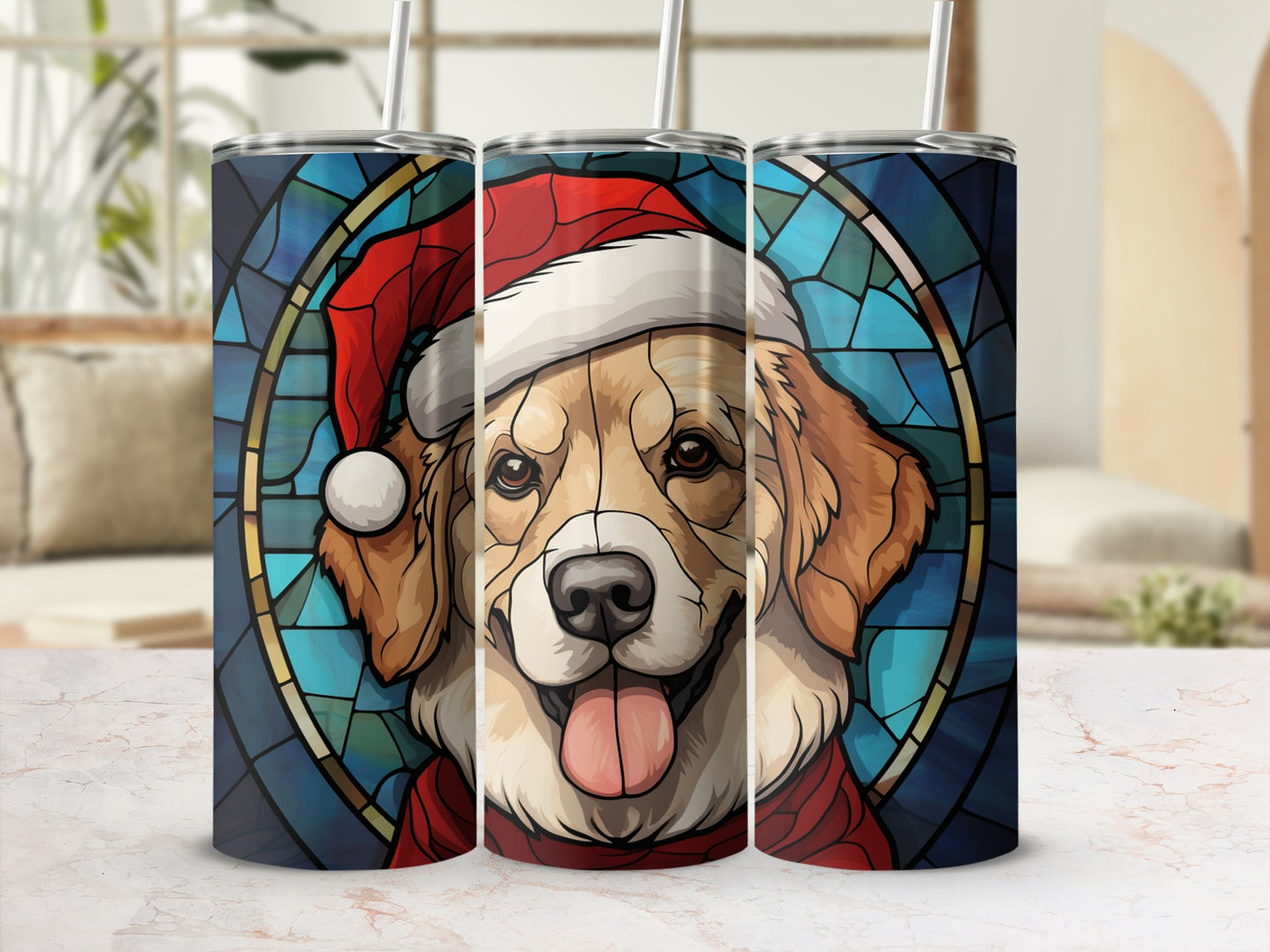 Golden retriever in Santa hat with stained glass background.