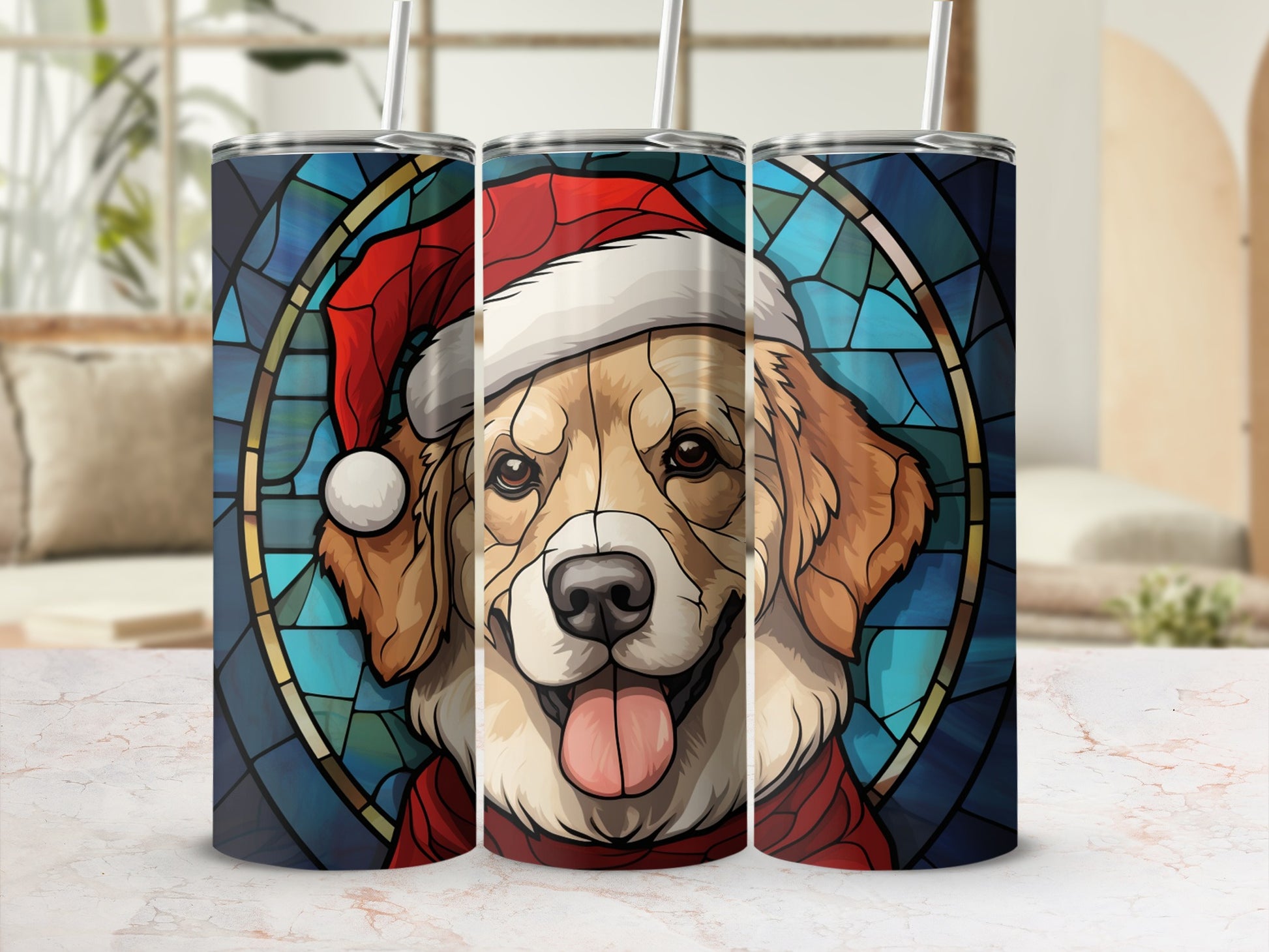 Golden retriever in Santa hat with stained glass background.