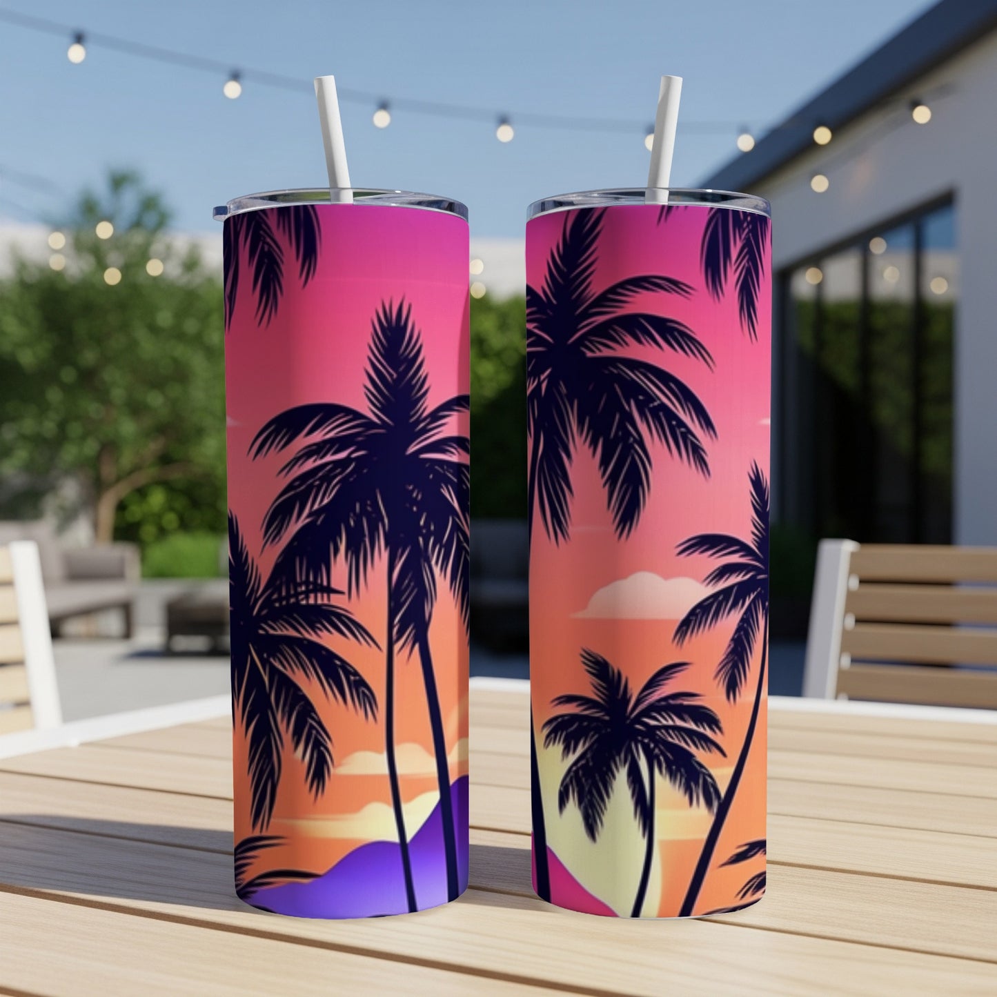 Two tall tumblers with a vibrant sunset and palm tree design.