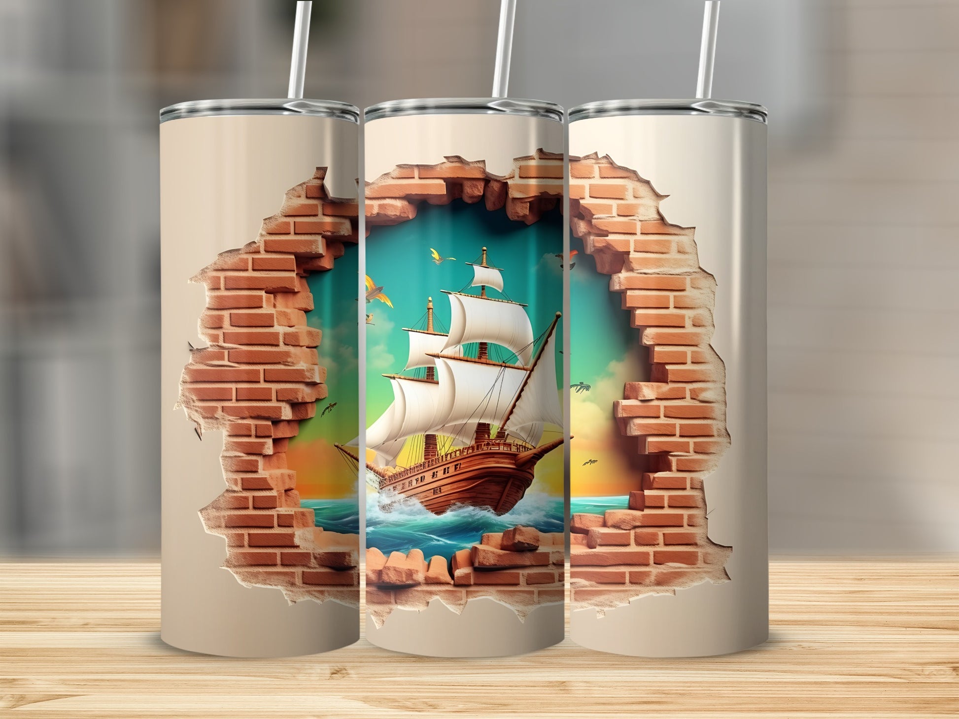 Breakthrough Brick Wall Ship Art Design Tumbler Cup