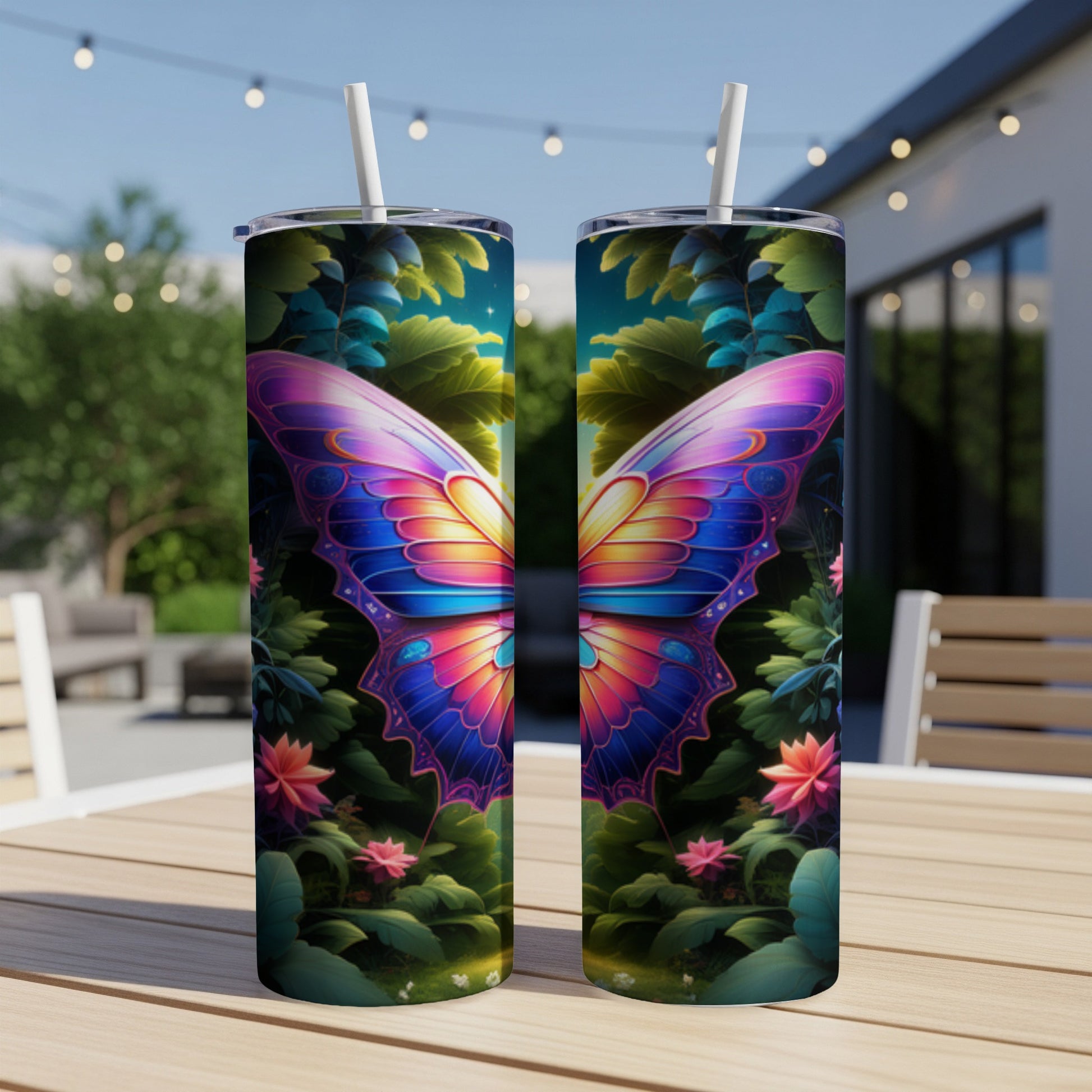 Two iridescent butterfly wing tumblers with floral and jungle foliage background.