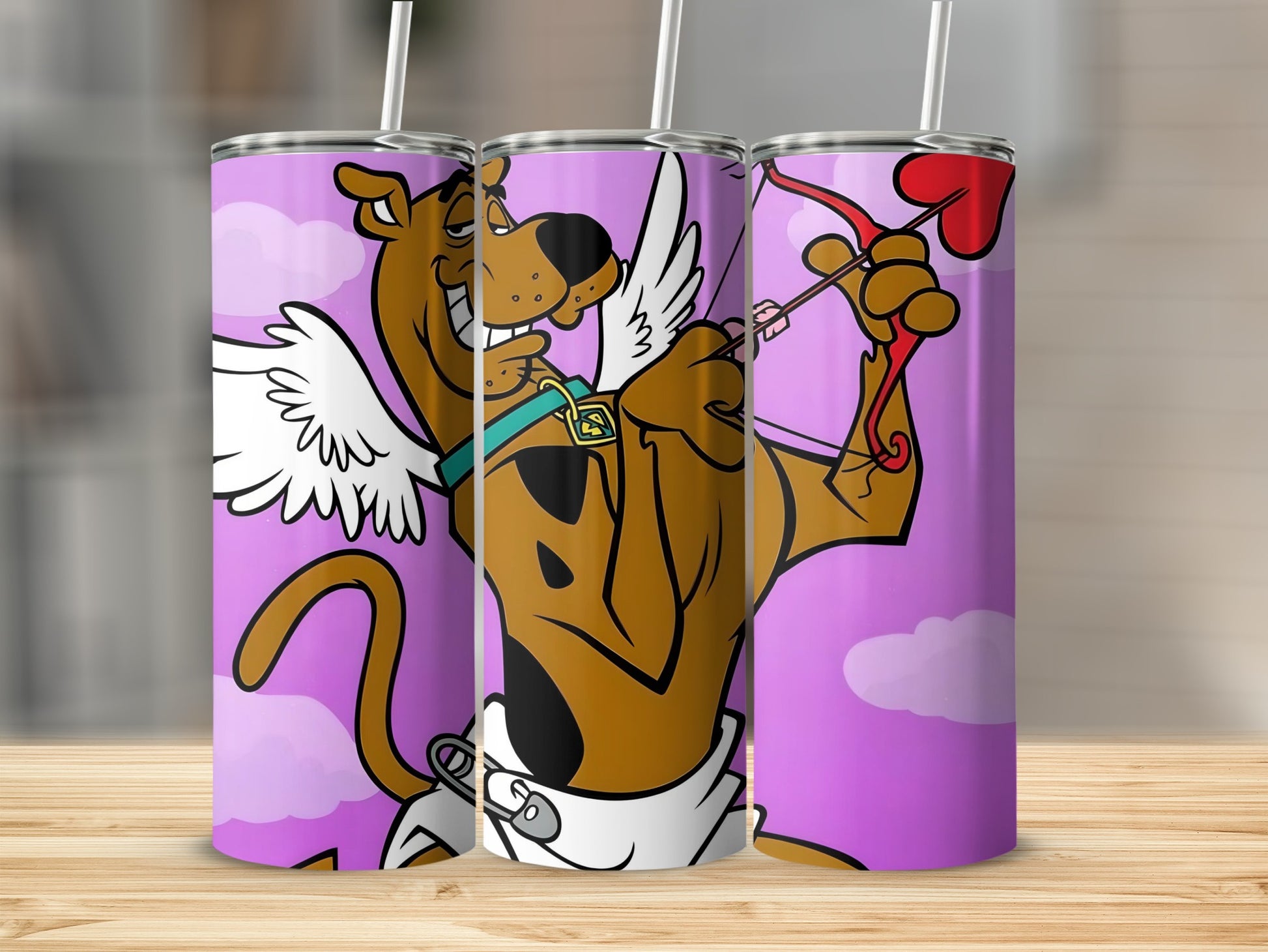 Scooby-Doo as Cupid with bow and arrow, white wings, pink clouds.