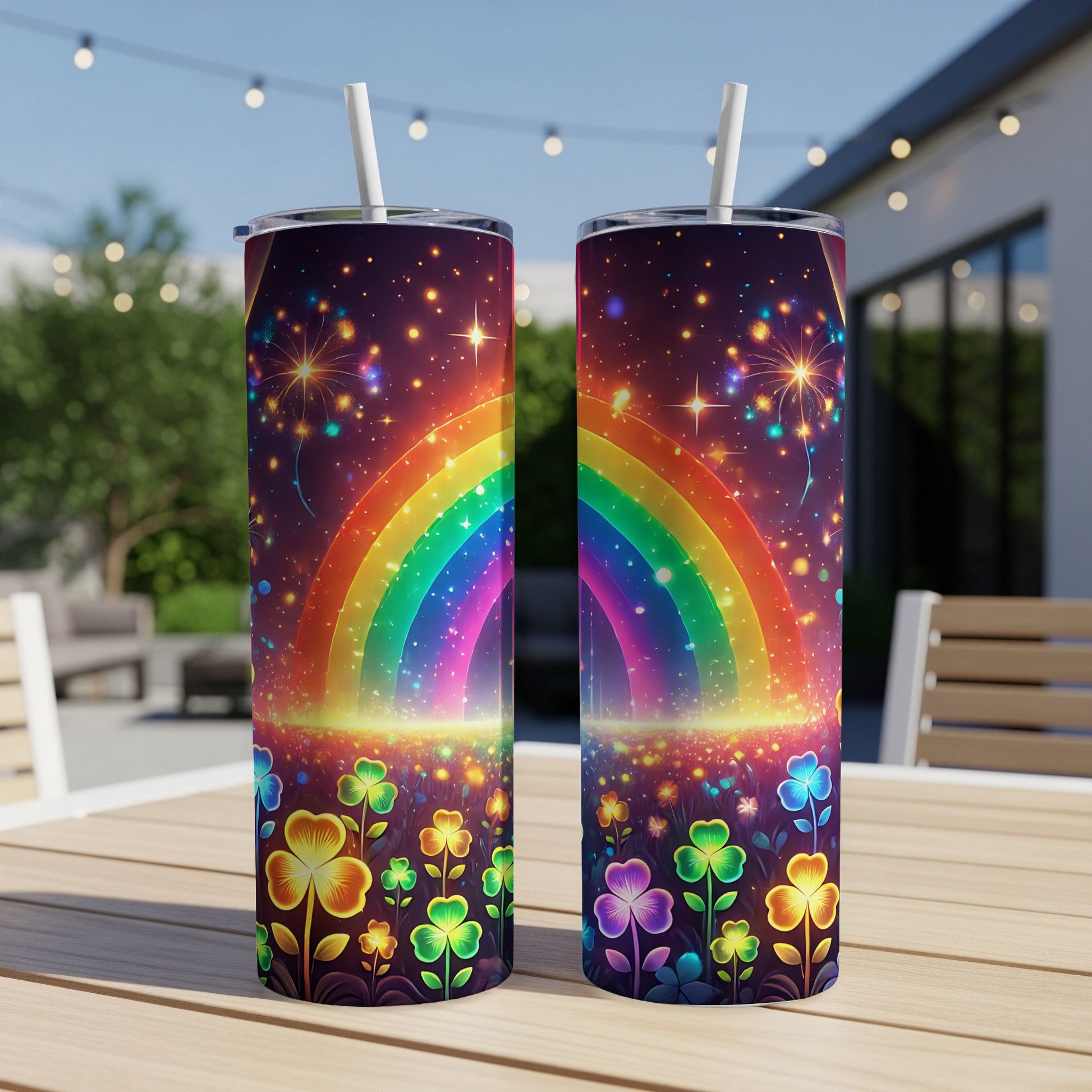 Rainbow and shamrocks tumbler with starry night background.