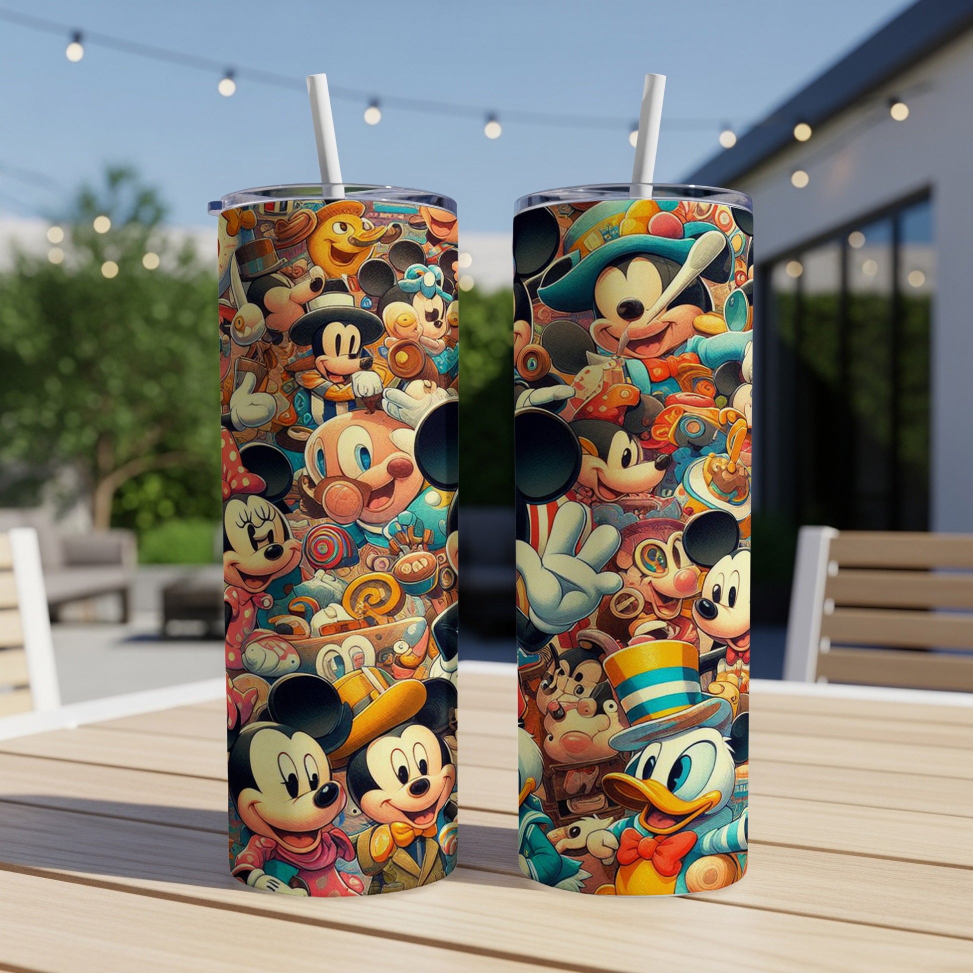 Two tumblers with a collage of classic Mickey Mouse and Donald Duck characters.