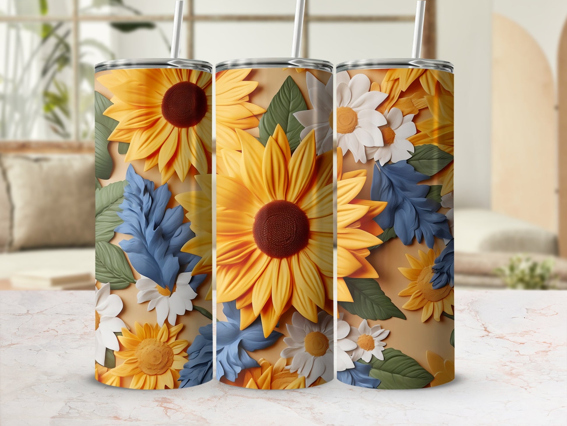 Colorful Sunflower and Daisy Floral Design Tumbler Cup