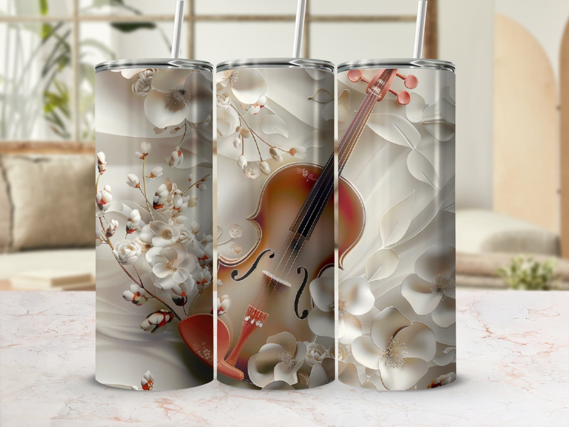 Violin and floral design on a cylindrical tumbler.