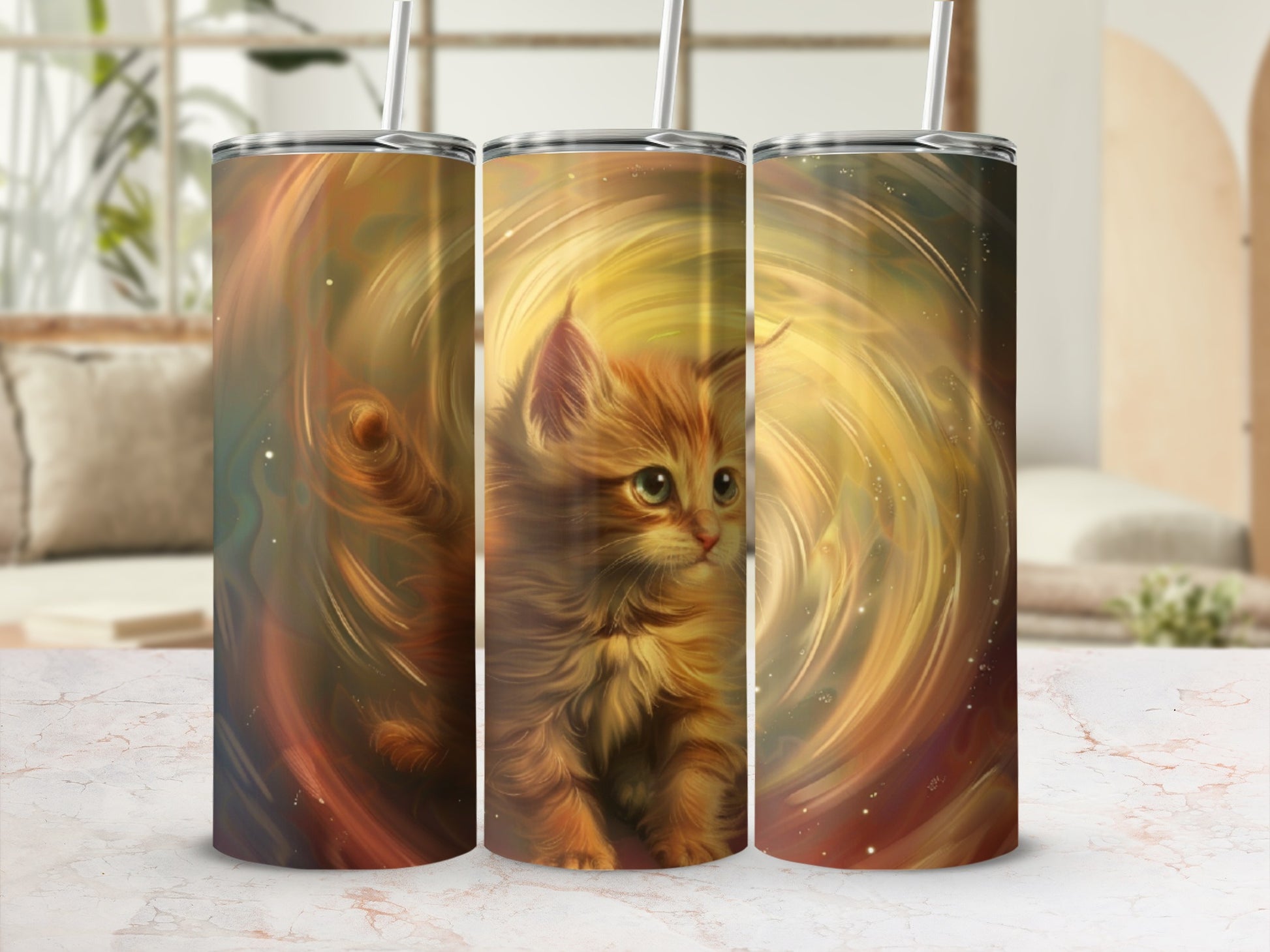 Orange kitten with swirling cosmic background on three tumblers.