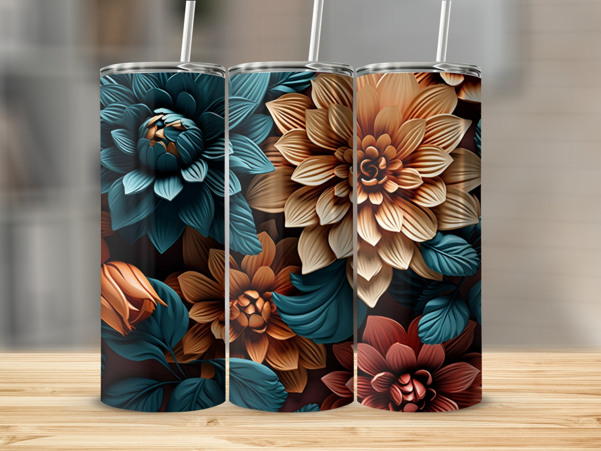 Three tumblers with layered floral designs in teal, copper, and burgundy.