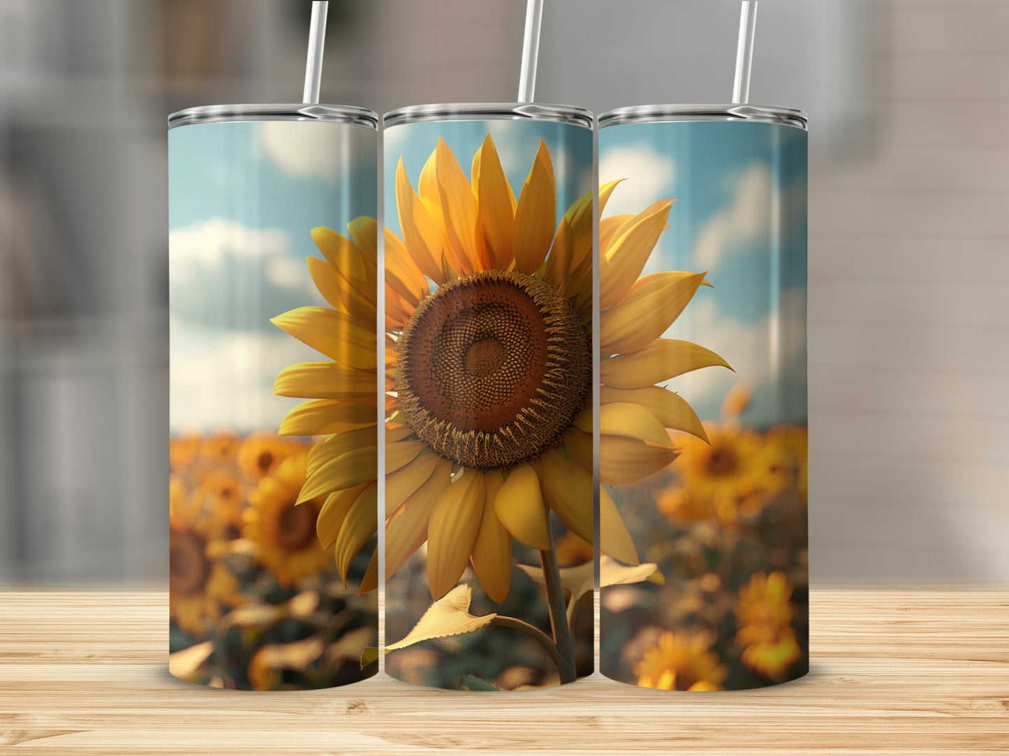 Three tall tumblers featuring a close-up sunflower against a blurred field.