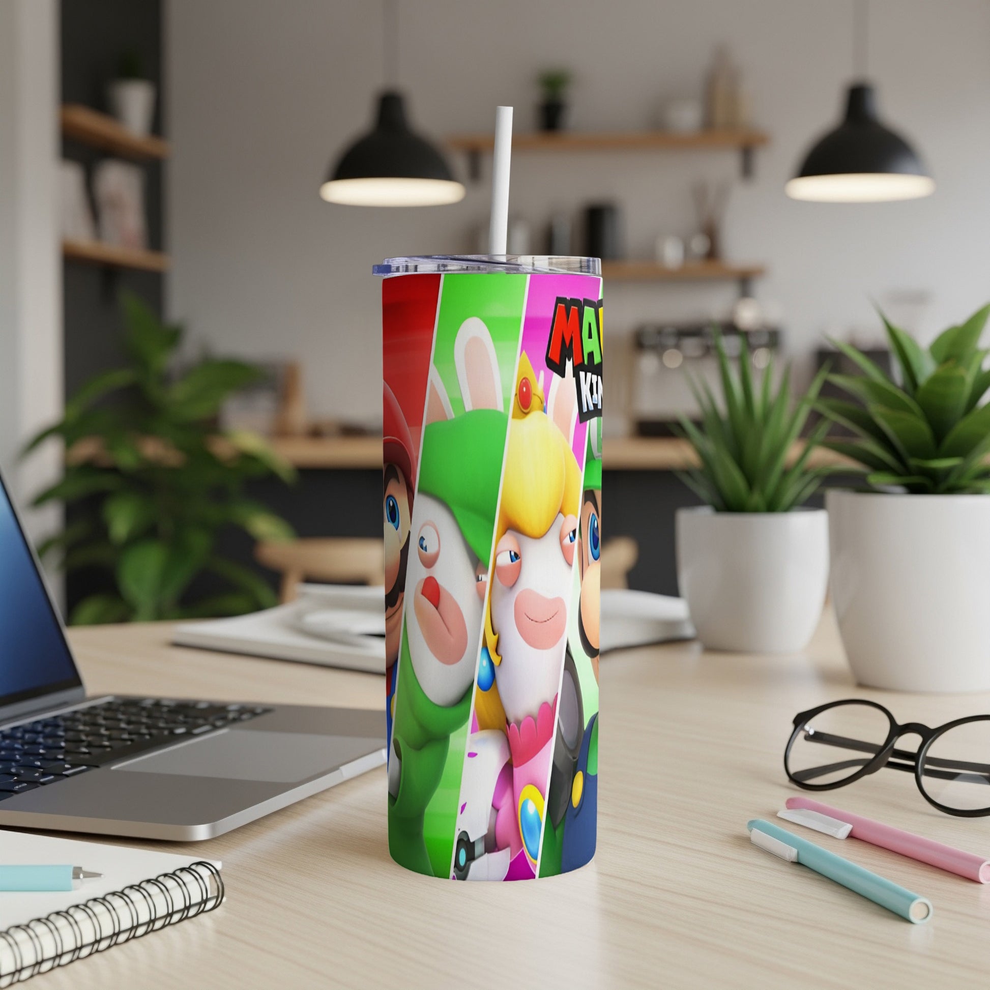 Mario and Rabbids characters on a white tumbler with a straw.