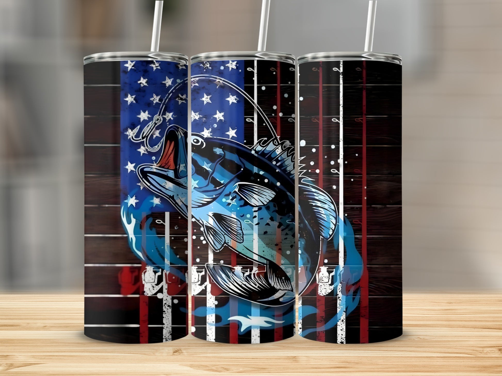Bass leaping from water with American flag design on tumbler.
