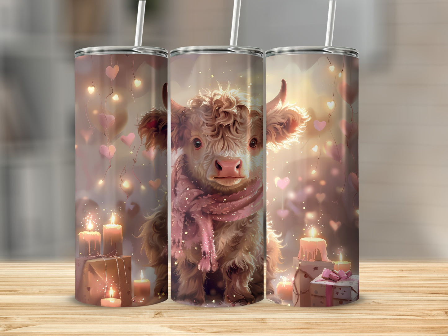 Cute calf with pink scarf surrounded by heart lights and candles.