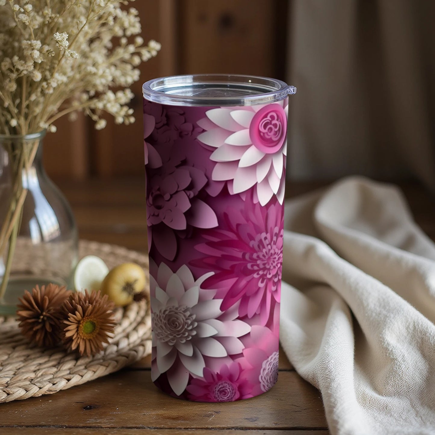 Floral Pattern Pink and Purple Insulated Tumbler Cup