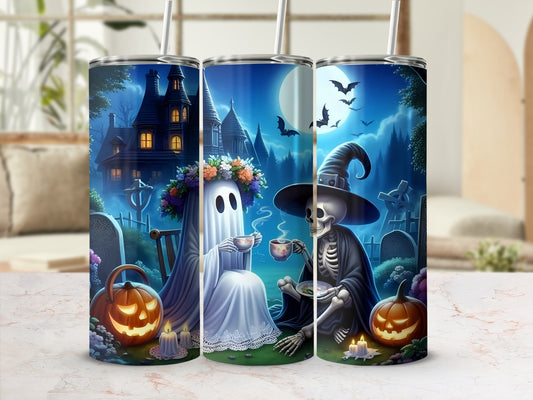 Halloween tumblers with ghost and skeleton enjoying tea amidst spooky graveyard scene.