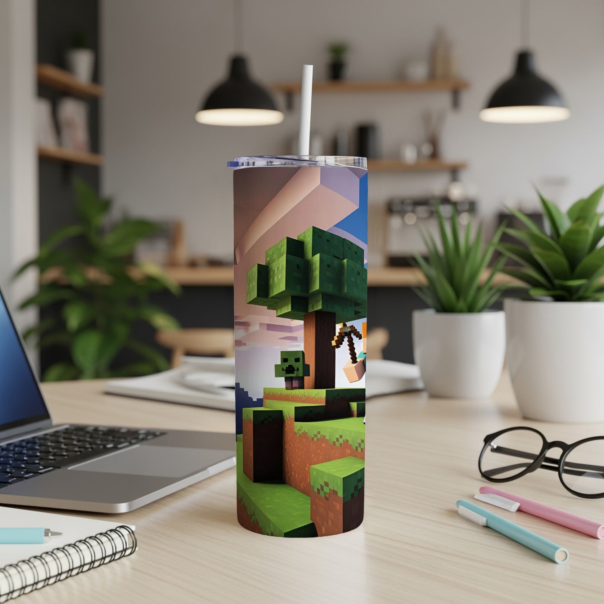 Minecraft Creeper and tree design on a skinny tumbler with straw.