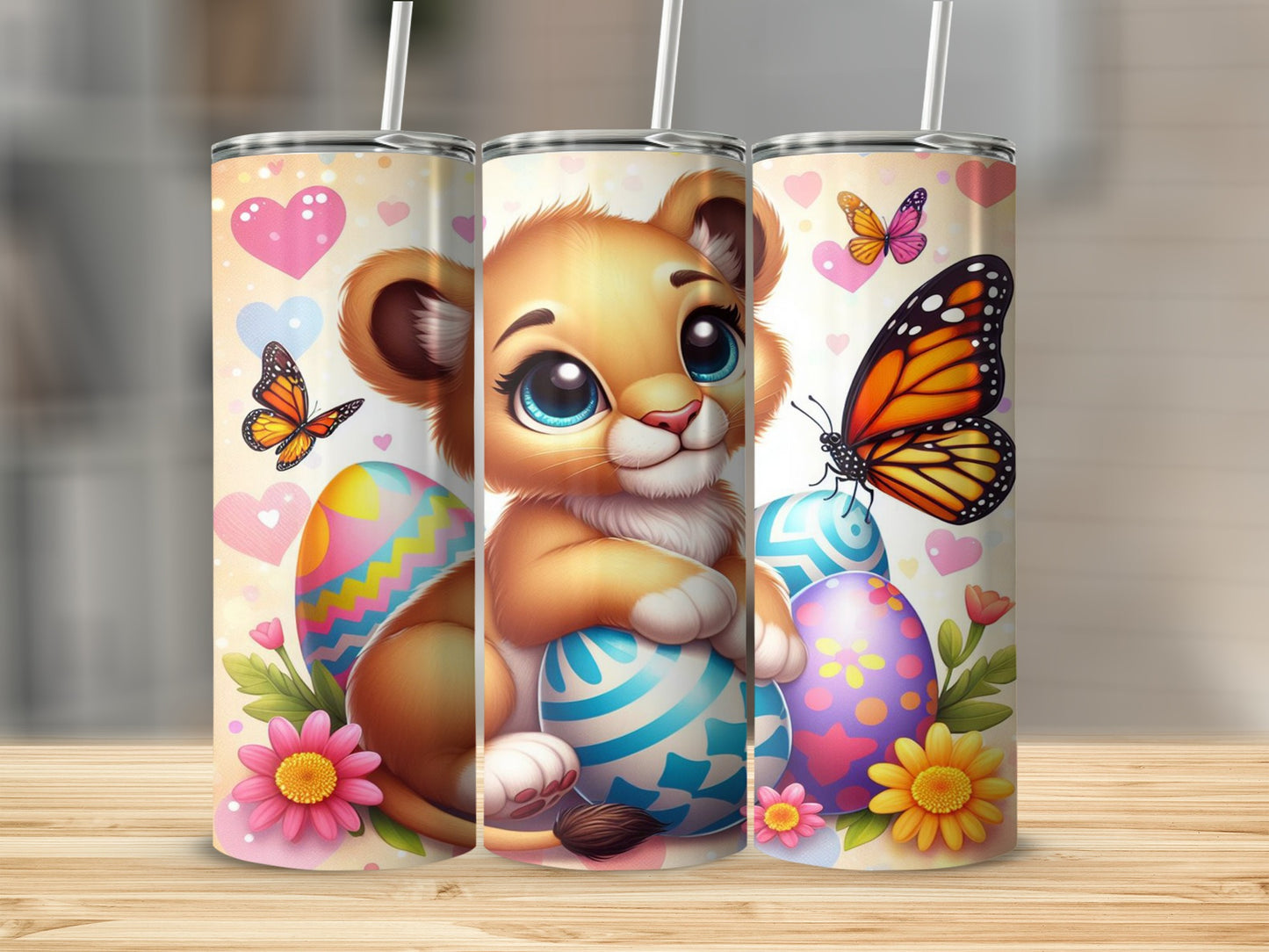Cute lion cub with colorful Easter eggs and butterflies.