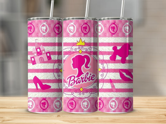 Barbie-themed pink and white insulated tumbler