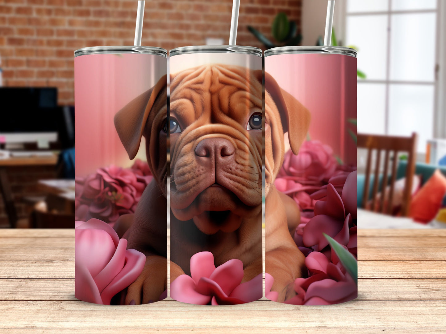 Cute Puppy Pink Flowers Adorable Dog Design Tumbler
