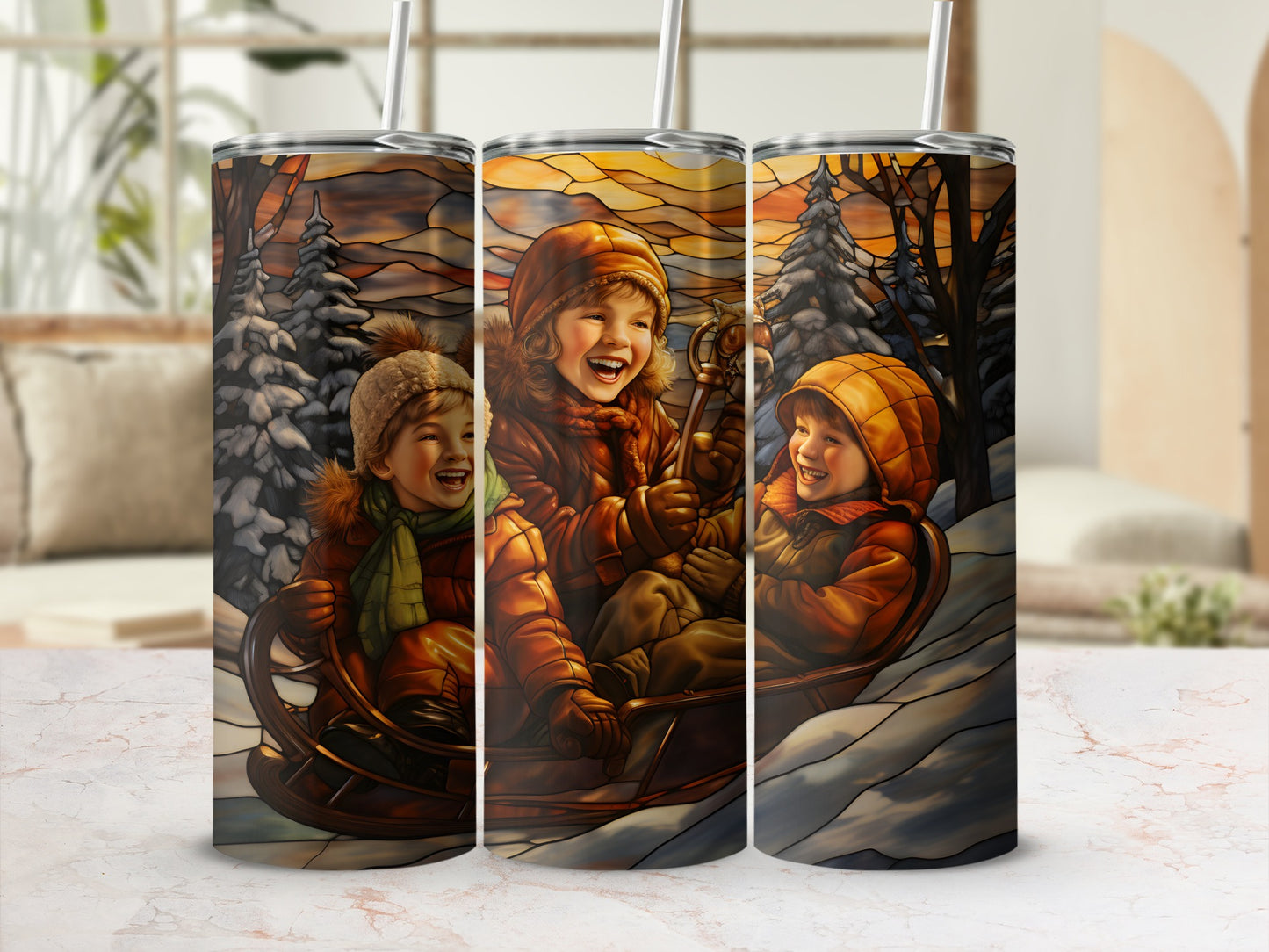 Three children in warm winter clothes laughing in a sled.