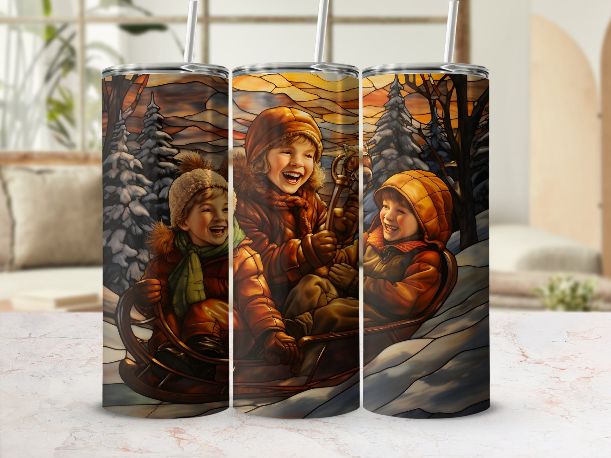 Three children in warm winter clothes laughing in a sled.