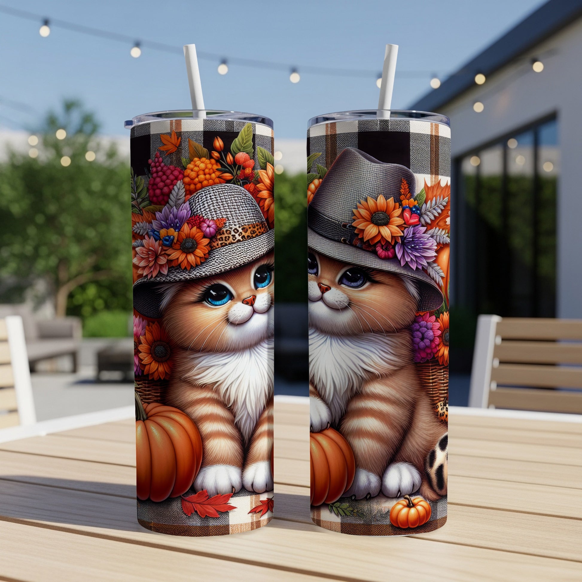 Two tabby cats wearing hats with autumn flowers, pumpkins, and plaid backgrounds.