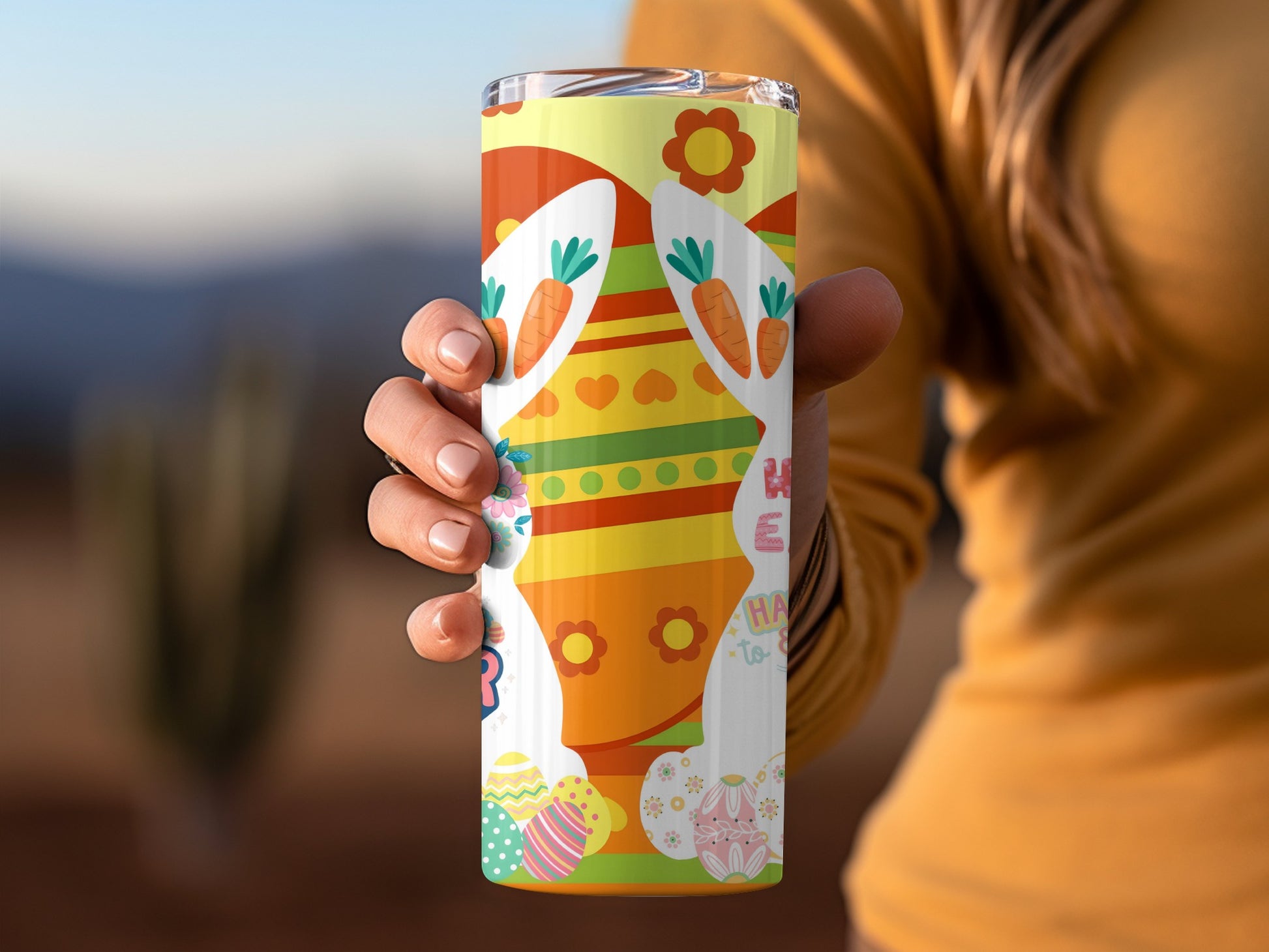 Colorful Easter Bunny Rabbit Tumbler with Carrots Design