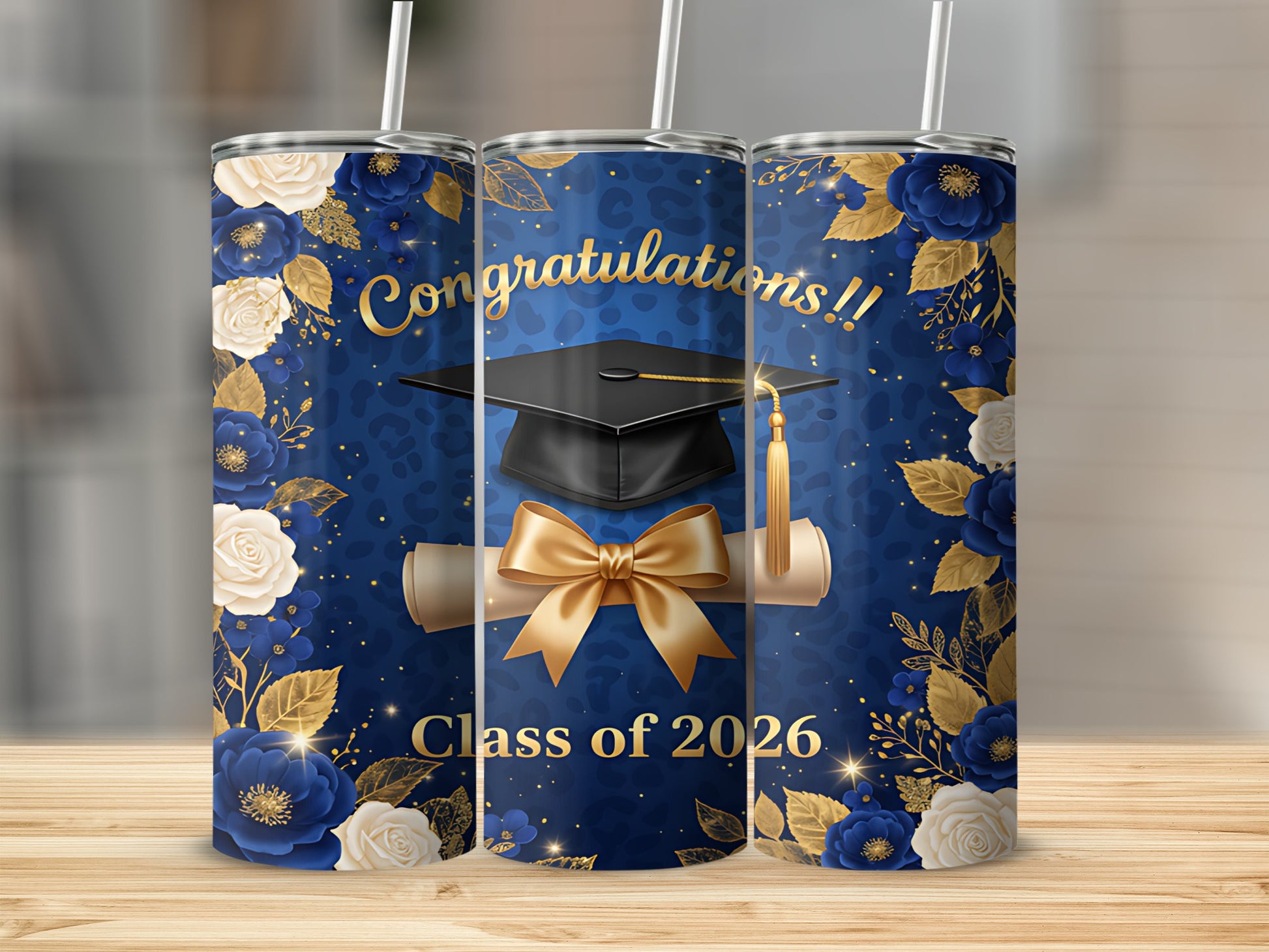 Blue tumbler with graduation cap, diploma, bow, and "Congratulations!! Class of 2026".