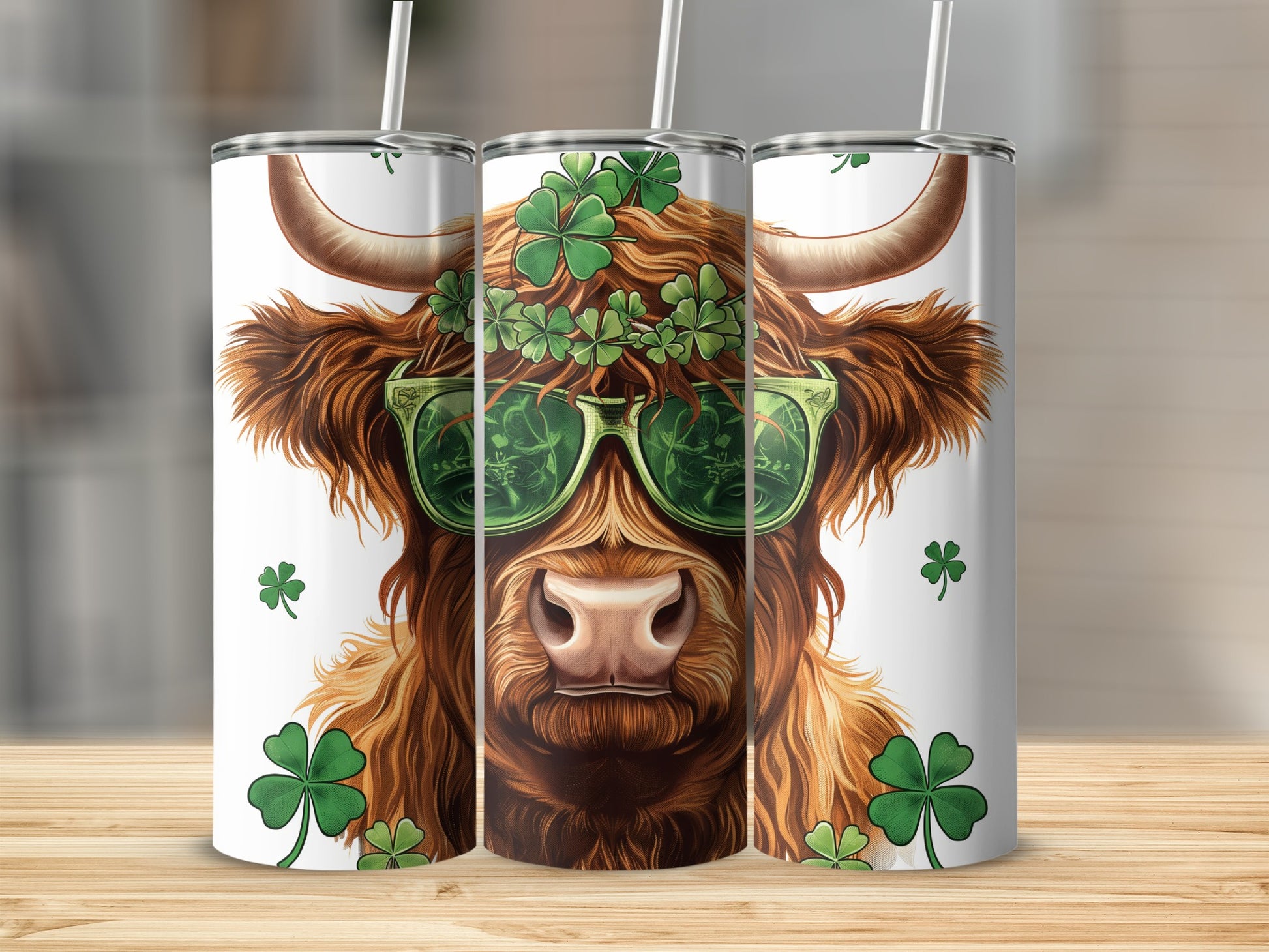 Highland cow with shamrocks and sunglasses, wearing a shamrock crown.
