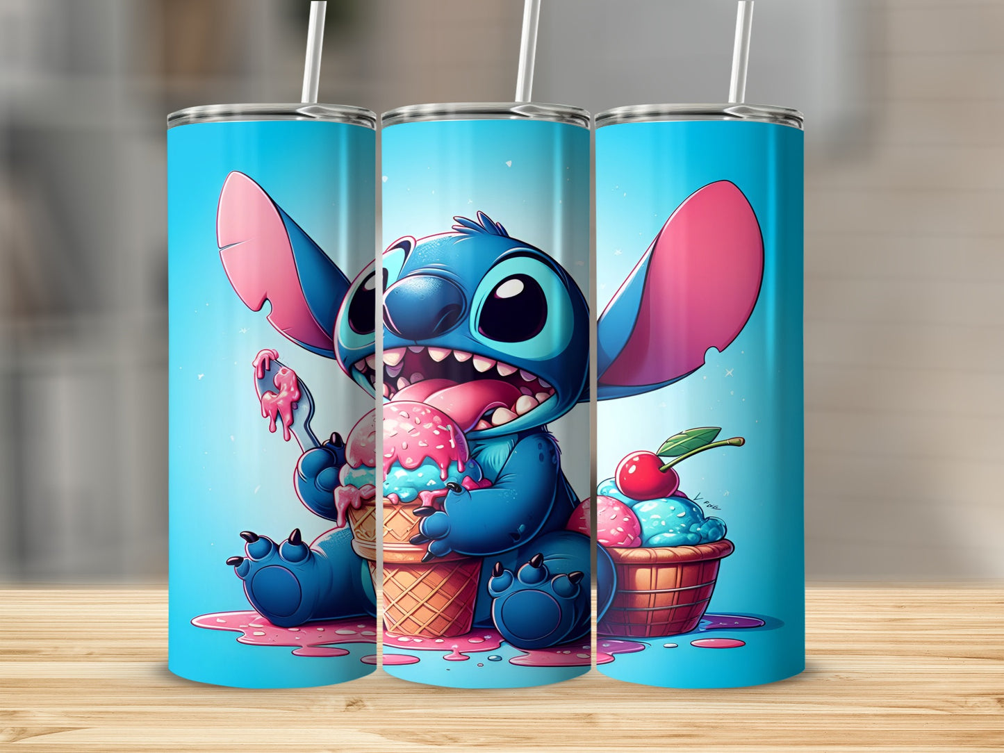 Stitch eating ice cream from a cone and a basket.