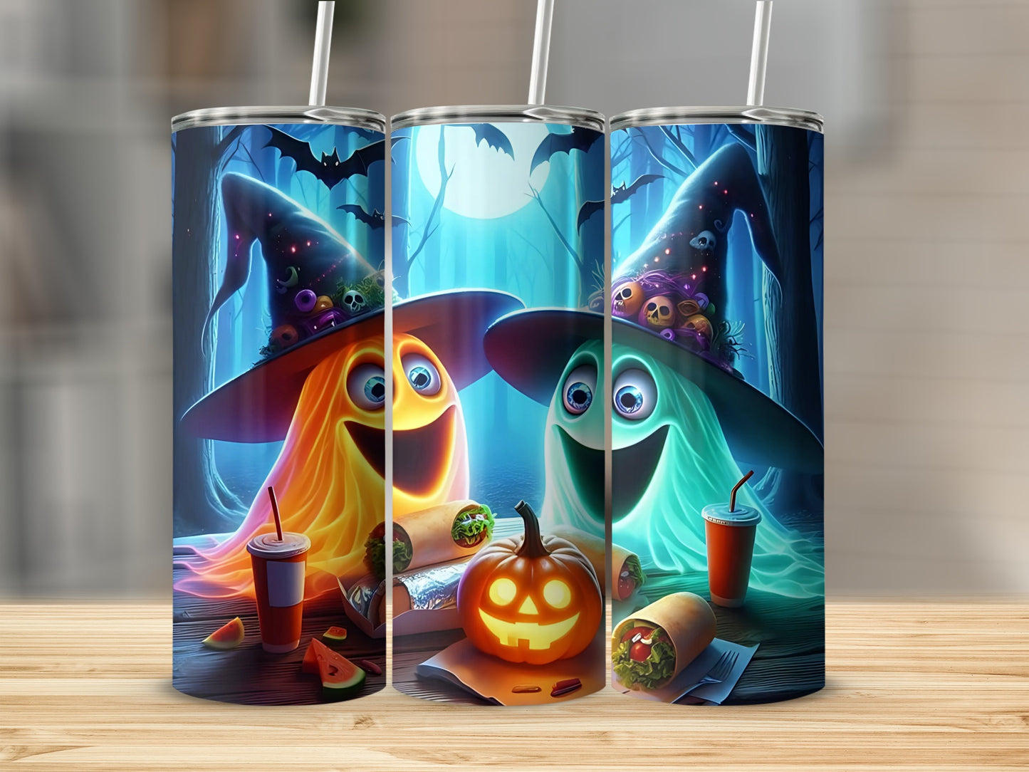 Halloween ghosts in witch hats with burritos, drinks, and a jack-o'-lantern.