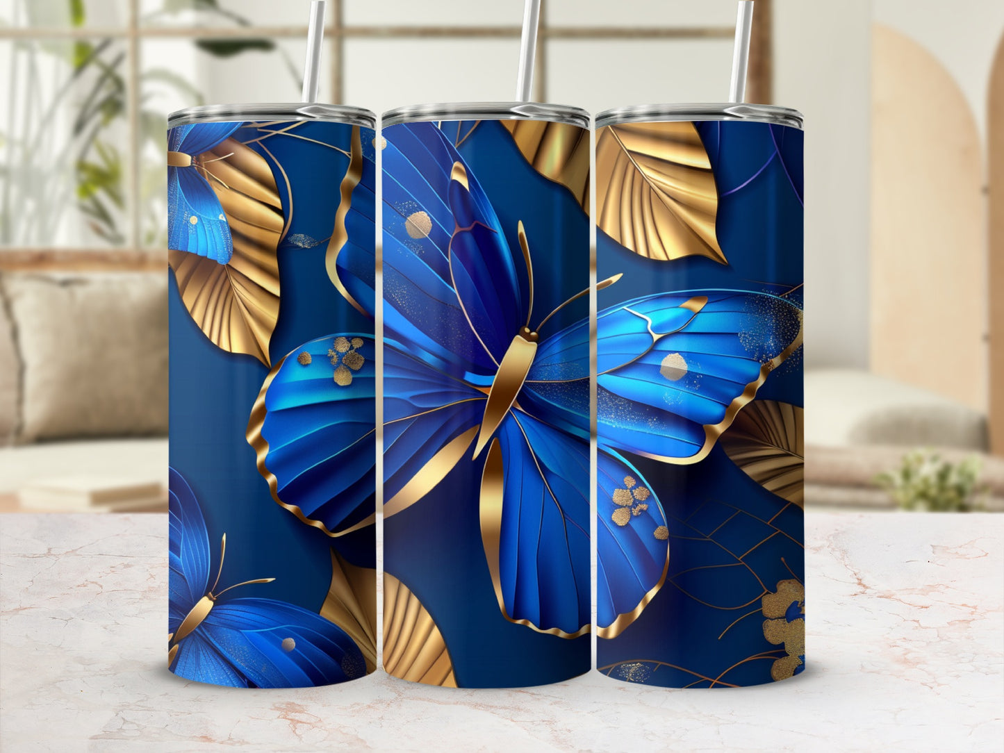 Three blue butterflies with gold accents on a dark blue background with gold leaves.