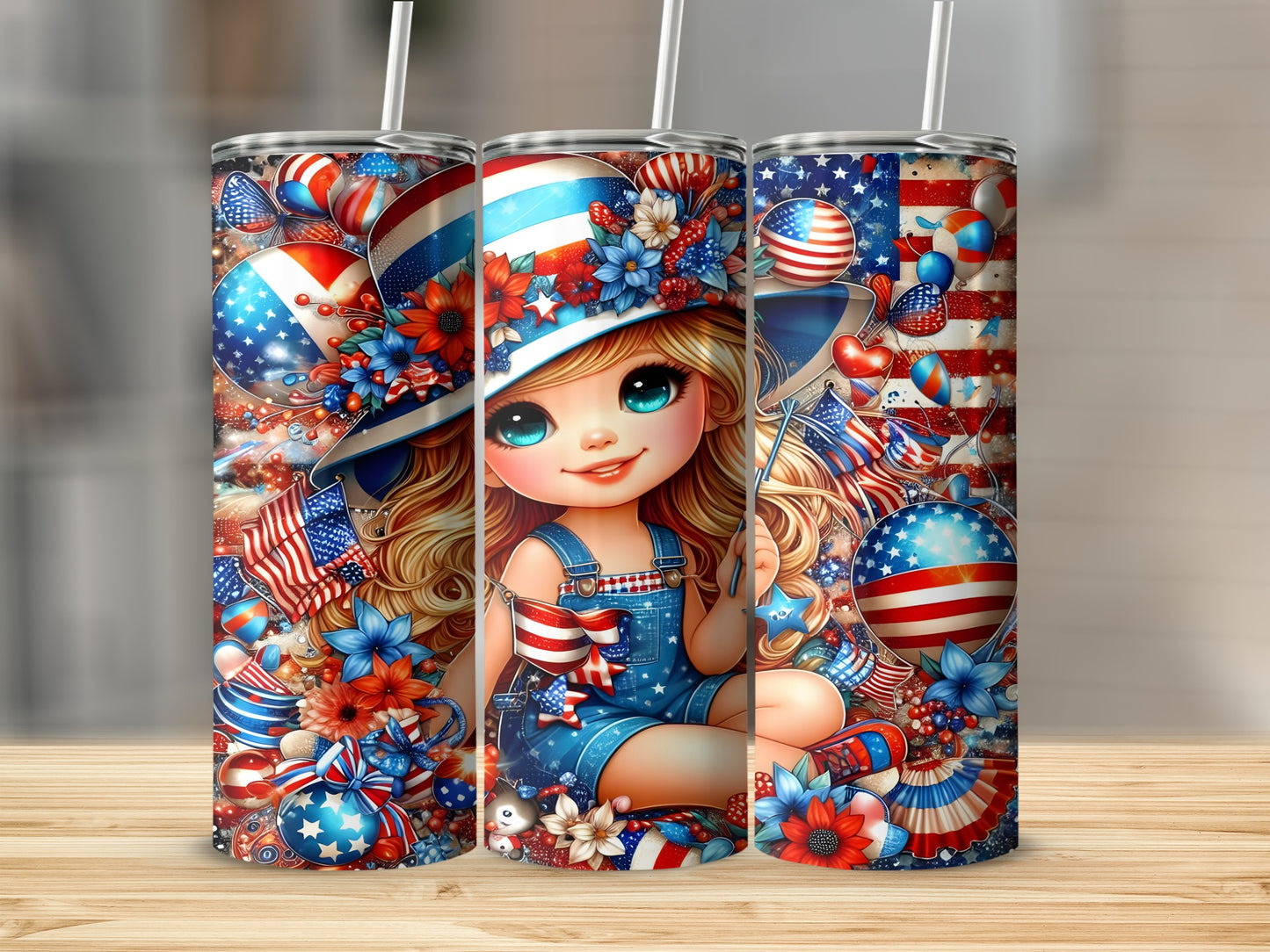 Patriotic girl with blonde pigtails, stars, and red, white, and blue decorations.