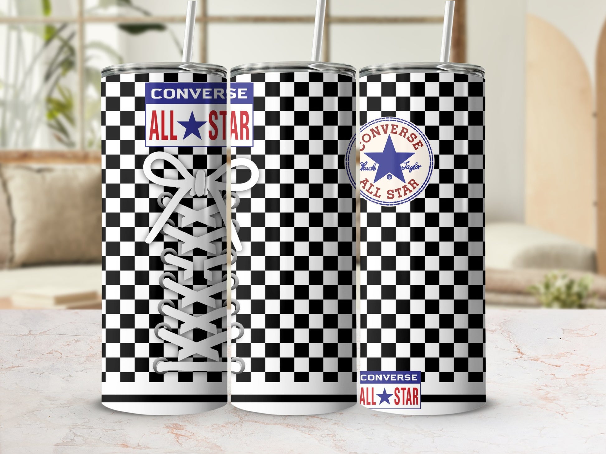 Converse All Star tumbler with black and white checkered pattern and laces.