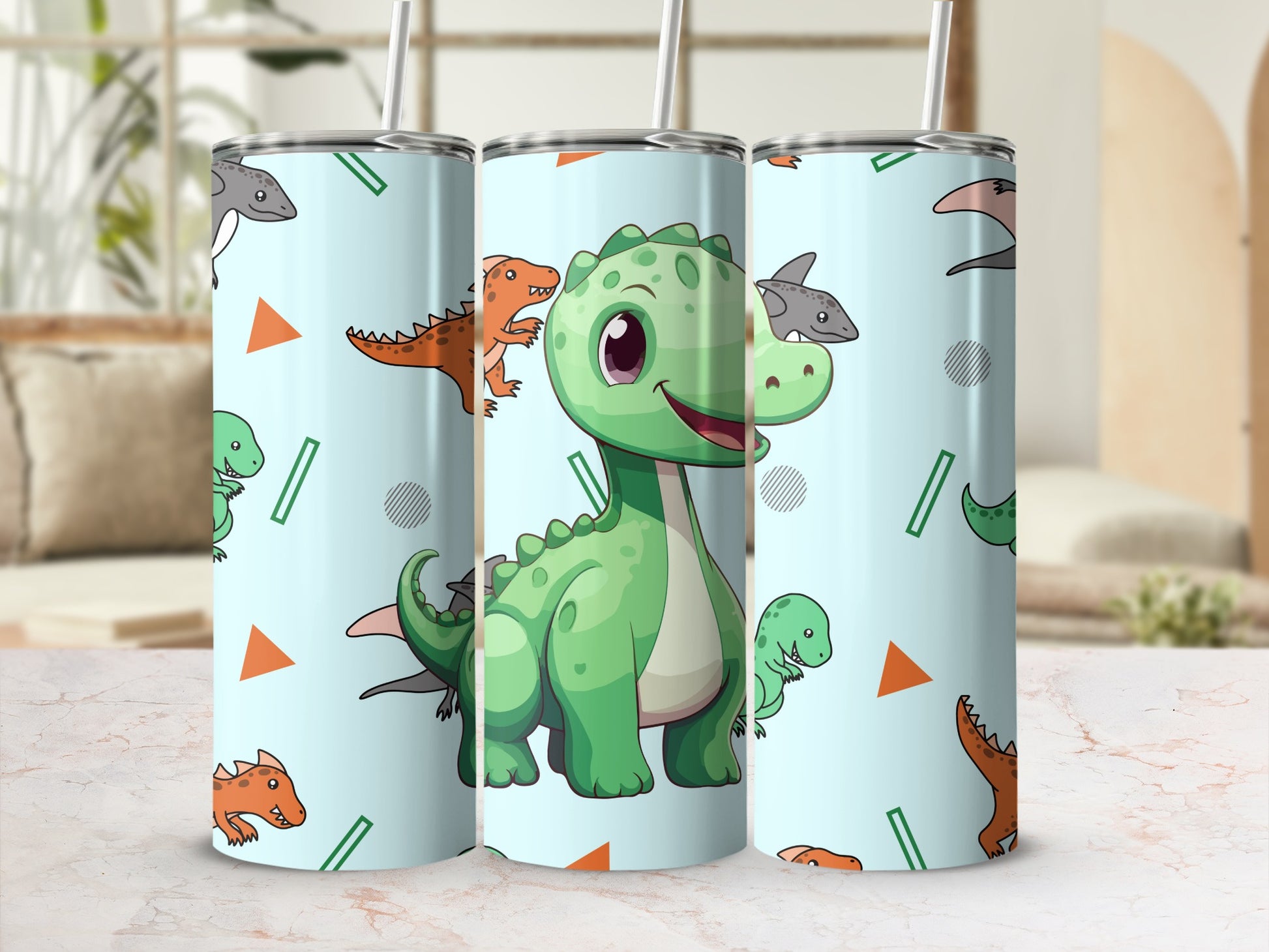Cute Dinosaur Pattern Tumbler with Straw Accessory