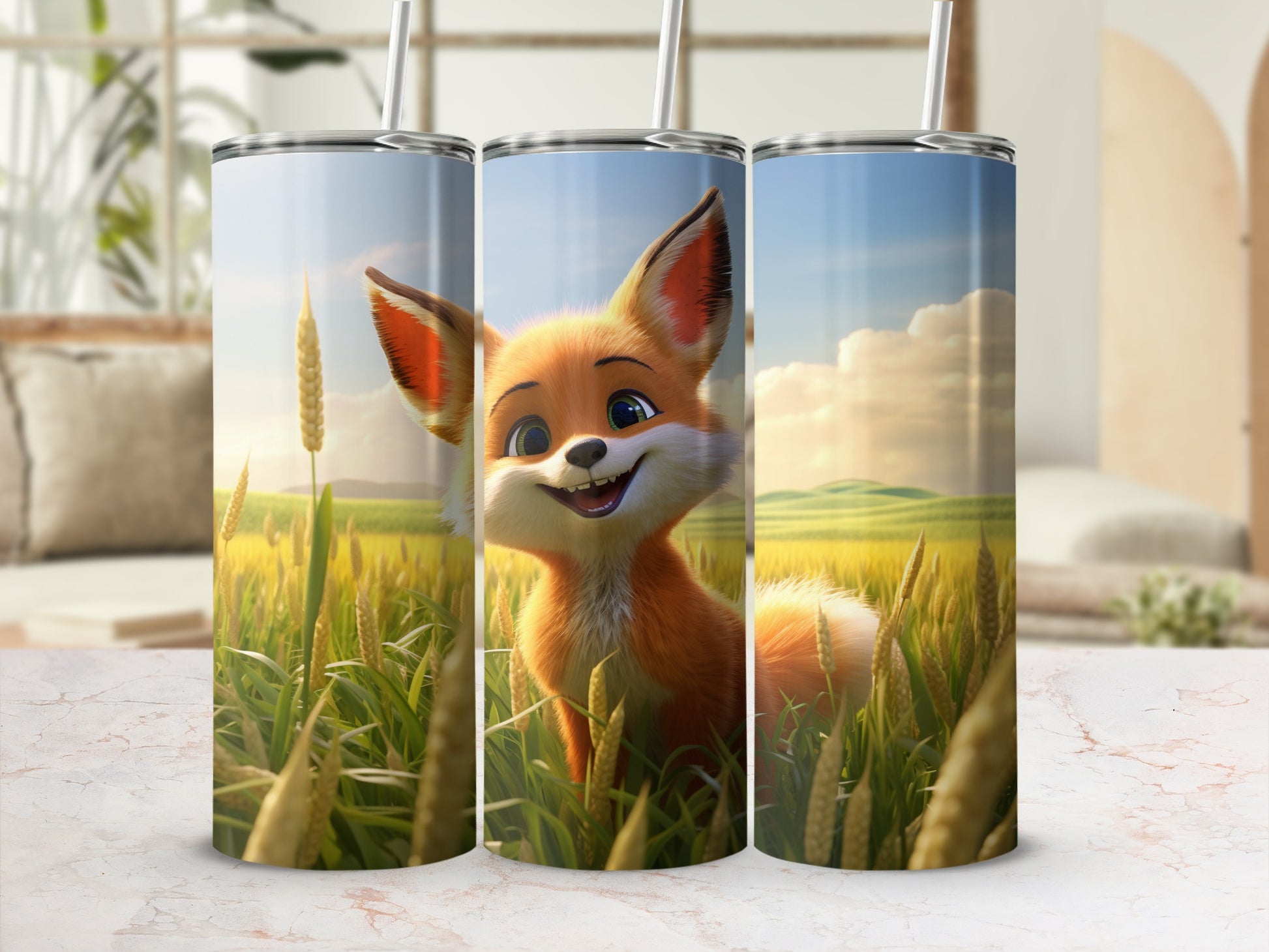 Cute Smiling Fox in Wheat Field Tumbler Product